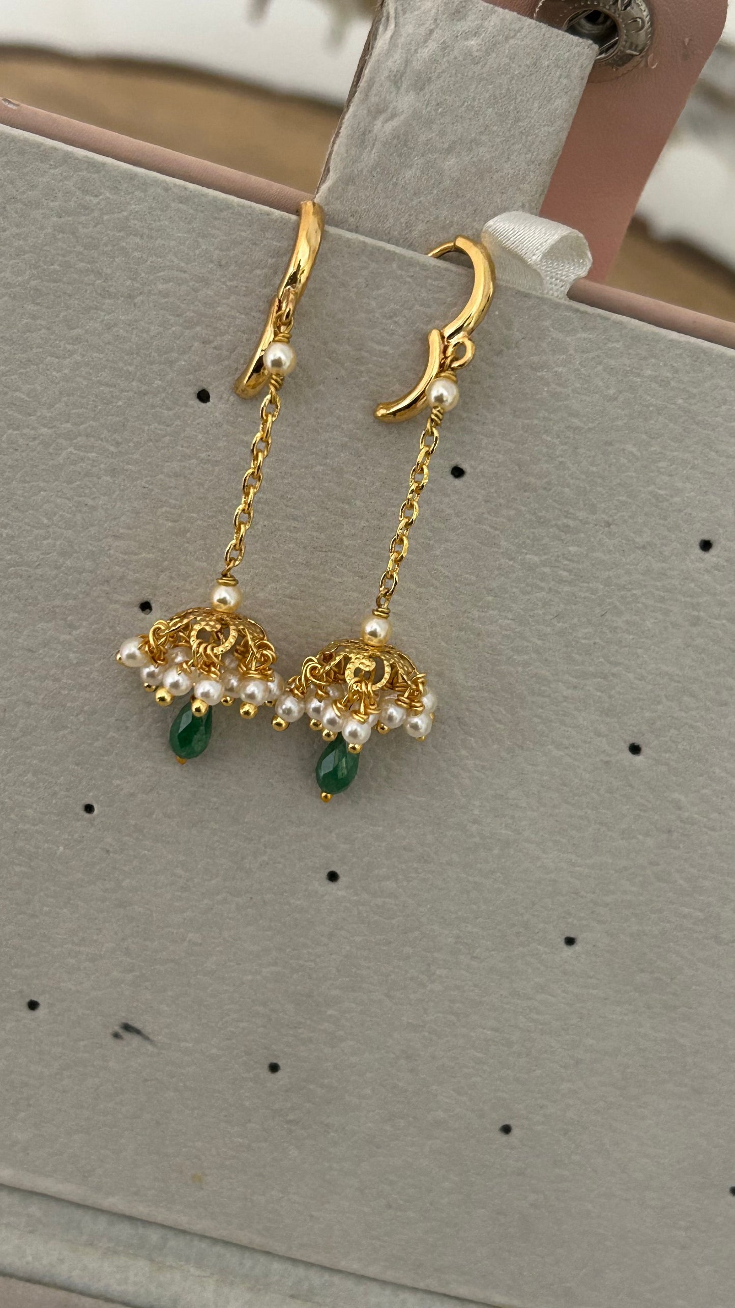 Elegant Handmade Pearl Jhumka Hanging Chain with Crystal Cz Drop – Earring Strings Without Hook