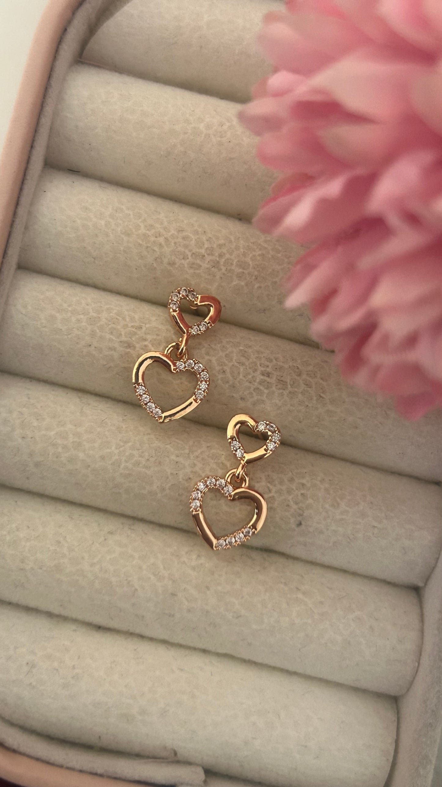 Gold-Plated Double Heart Drop Earrings – Dainty CZ Stone-Studded Romantic Design