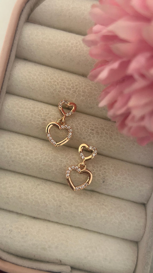 Gold-Plated Double Heart Drop Earrings – Dainty CZ Stone-Studded Romantic Design