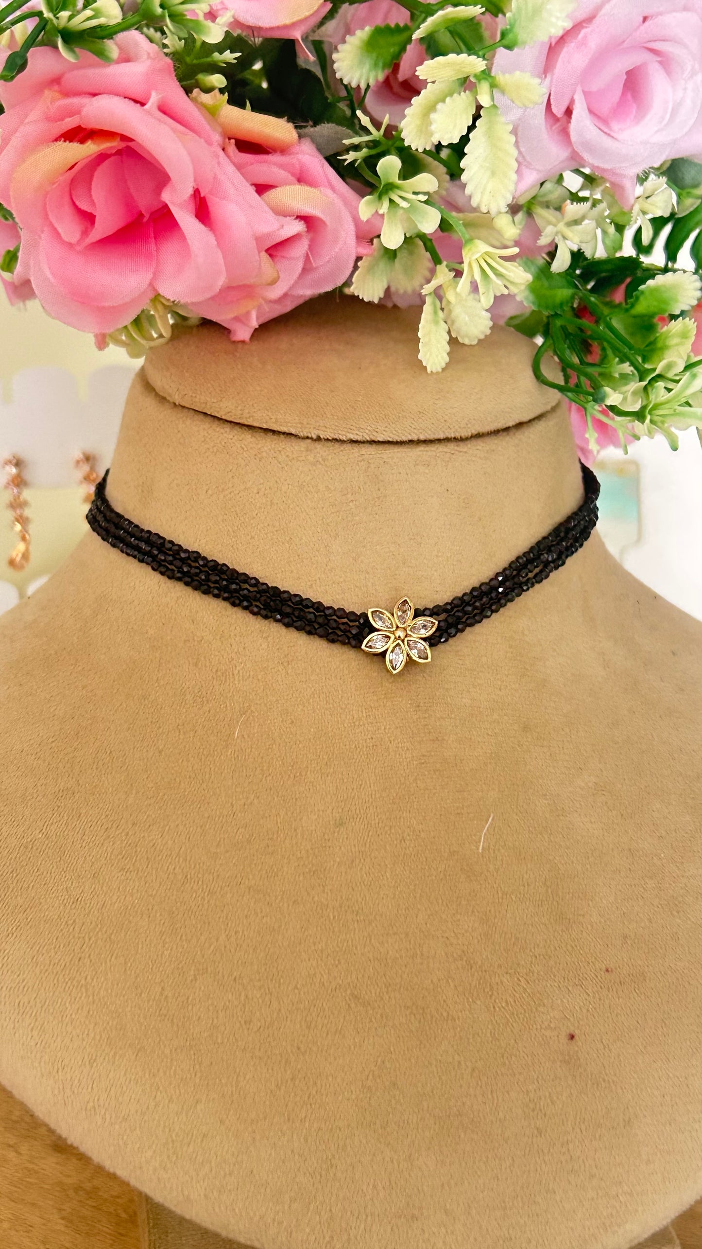 Designer Black Beads Floral Center Choker Necklace