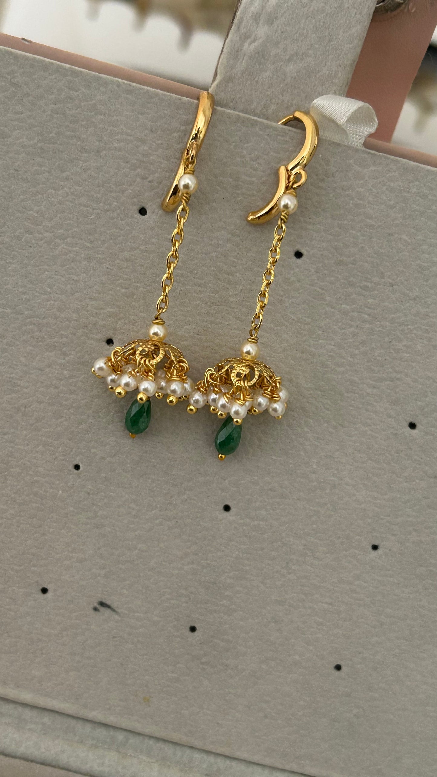 Elegant Handmade Pearl Jhumka Hanging Chain with Crystal Cz Drop – Earring Strings Without Hook