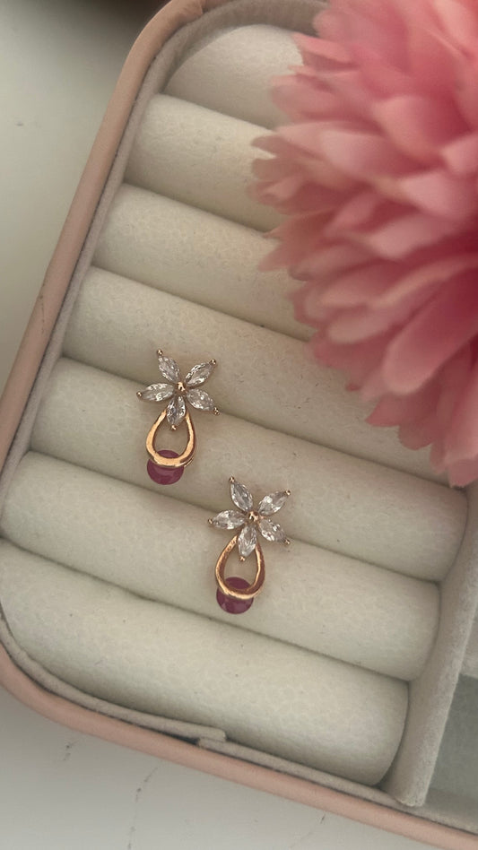 CZ red and white stone flower stud