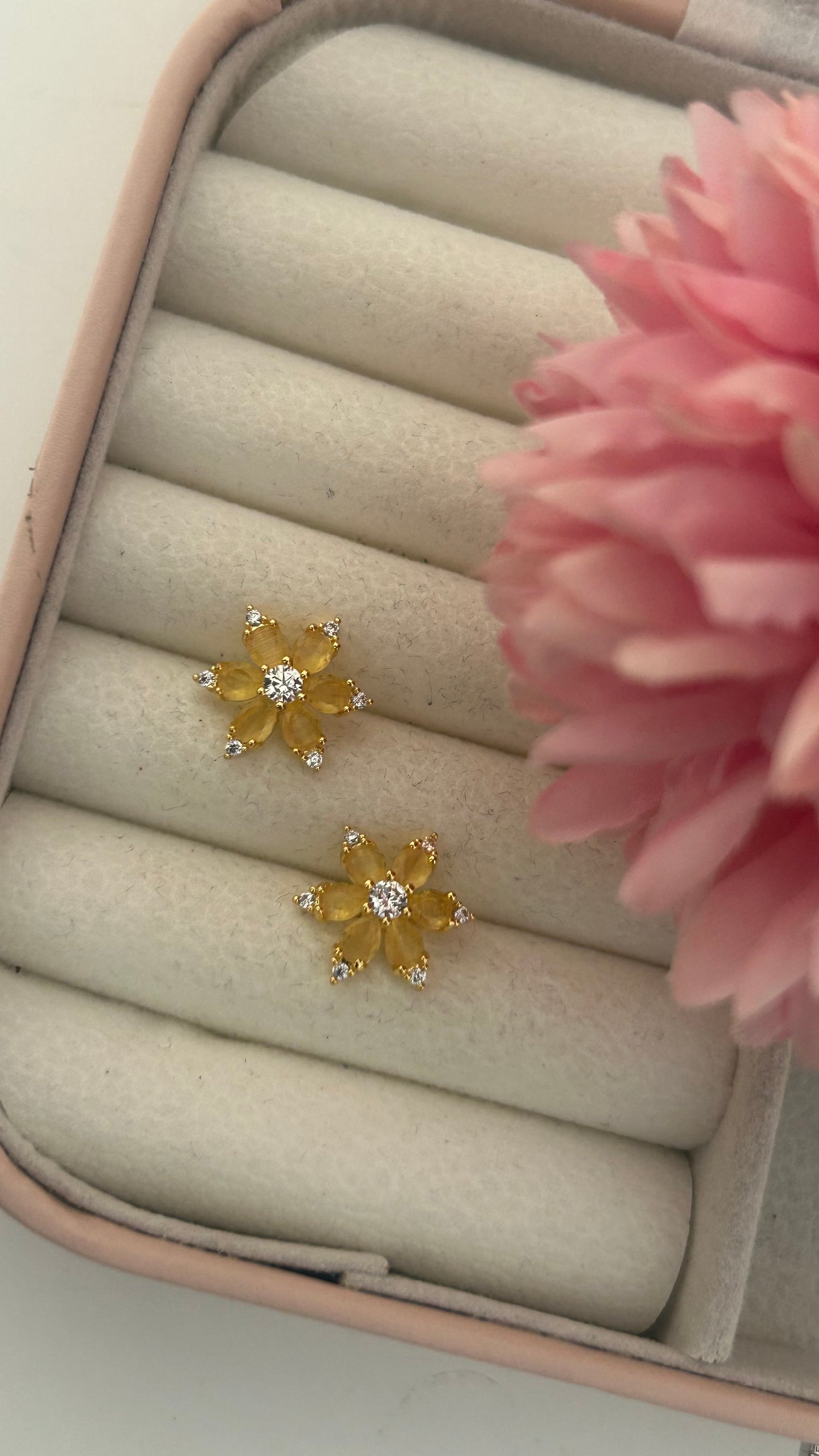 "Elegant Floral Stud Earrings Set – Yellow, Ruby Red & Emerald Green with CZ Accents – Gold-Plated Design for Women"