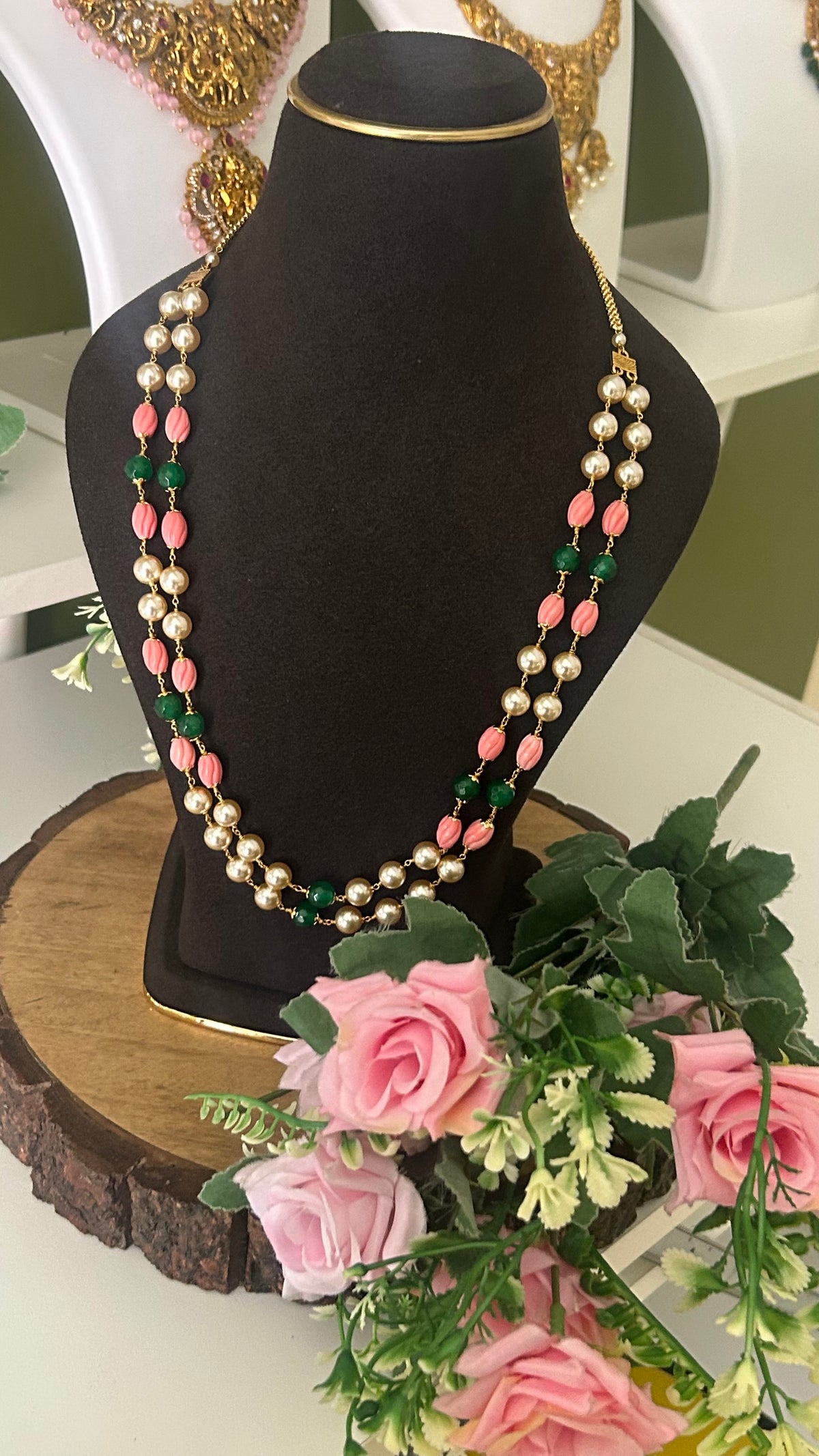 Pink Green Beaded Pearl Double Layer Necklace | Traditional Ethnic Long Necklace for Women