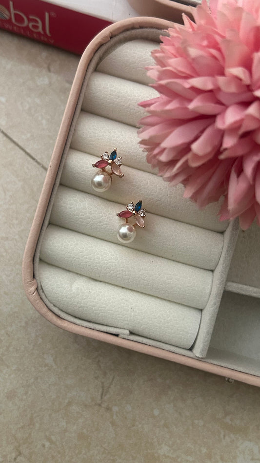 CZ MULTICOLOUR FLOWER STUD WITH PEARL