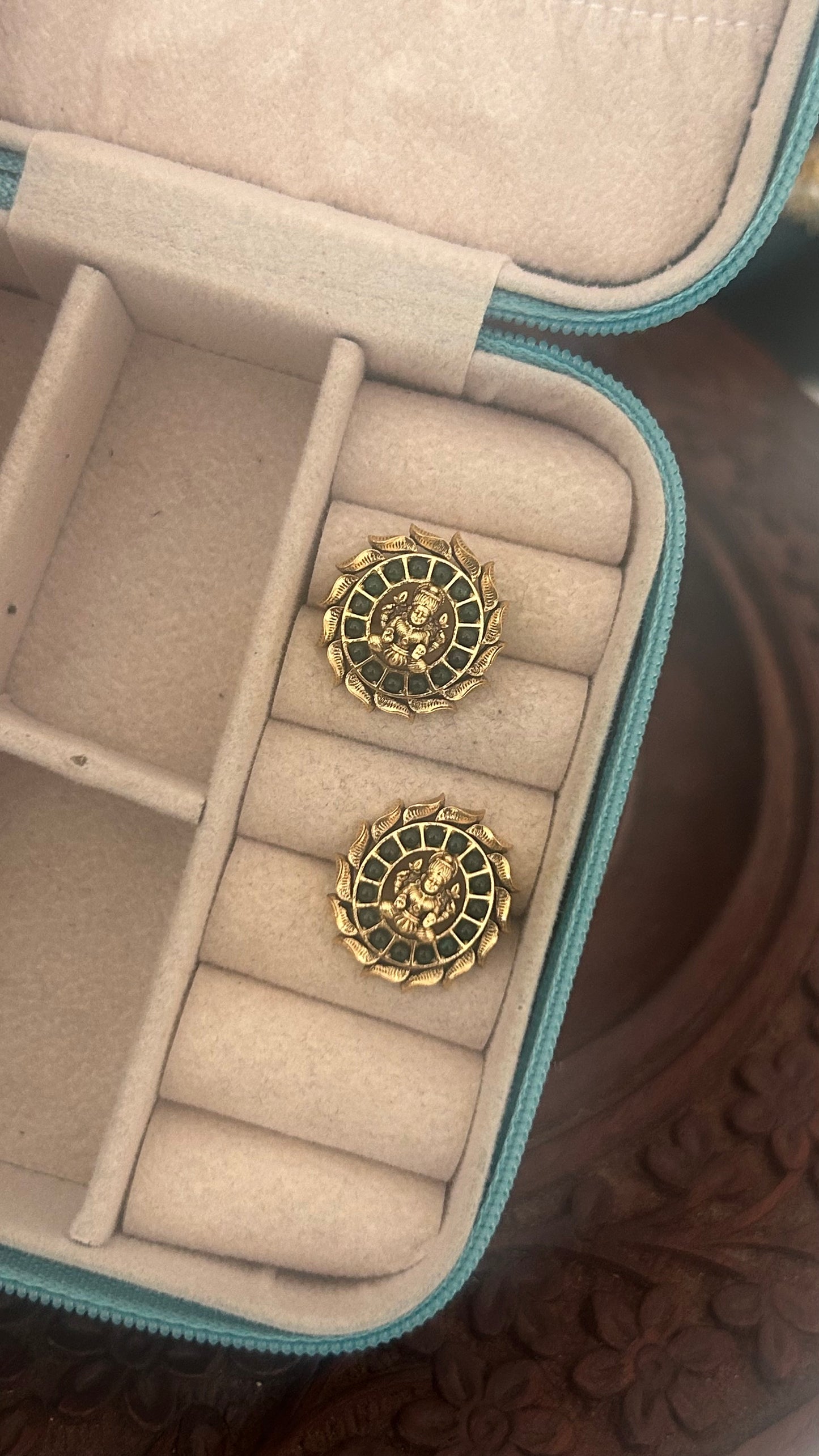 Lakshmi devi studs in round shape in green colour