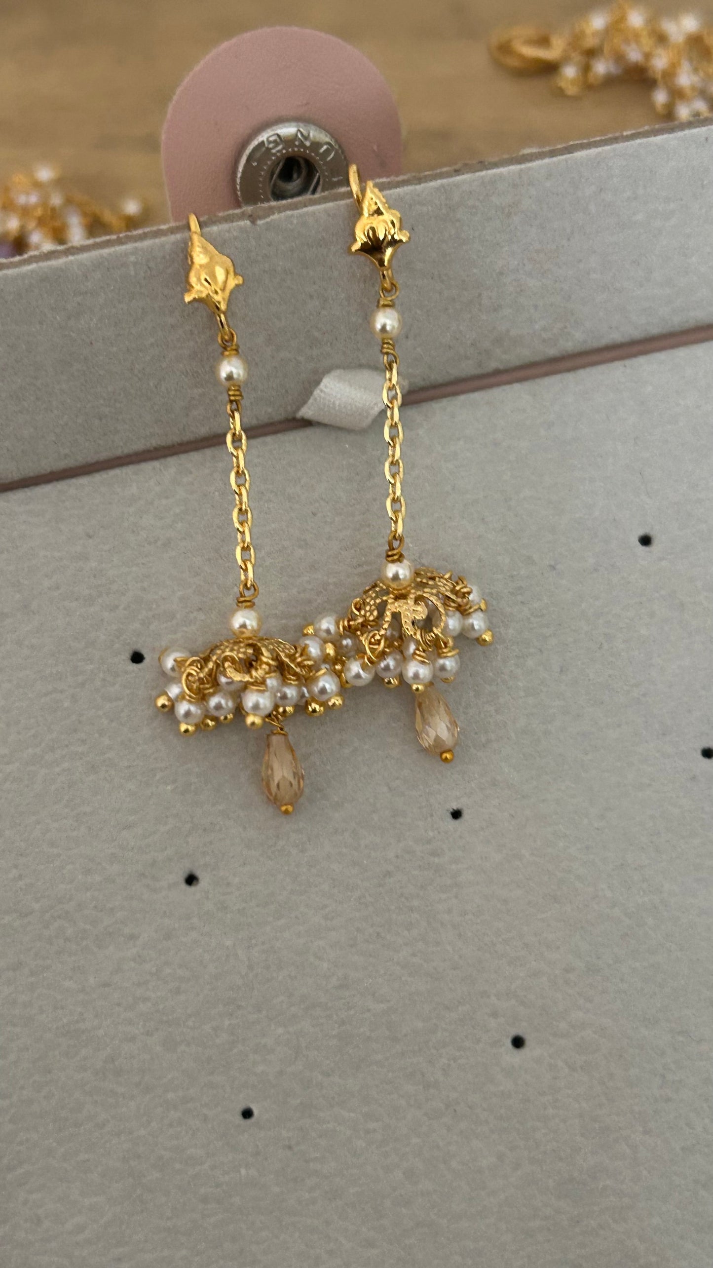 Elegant Handmade Pearl Jhumka Hanging Chain with Crystal Cz Drop – Earring Strings Without Hook