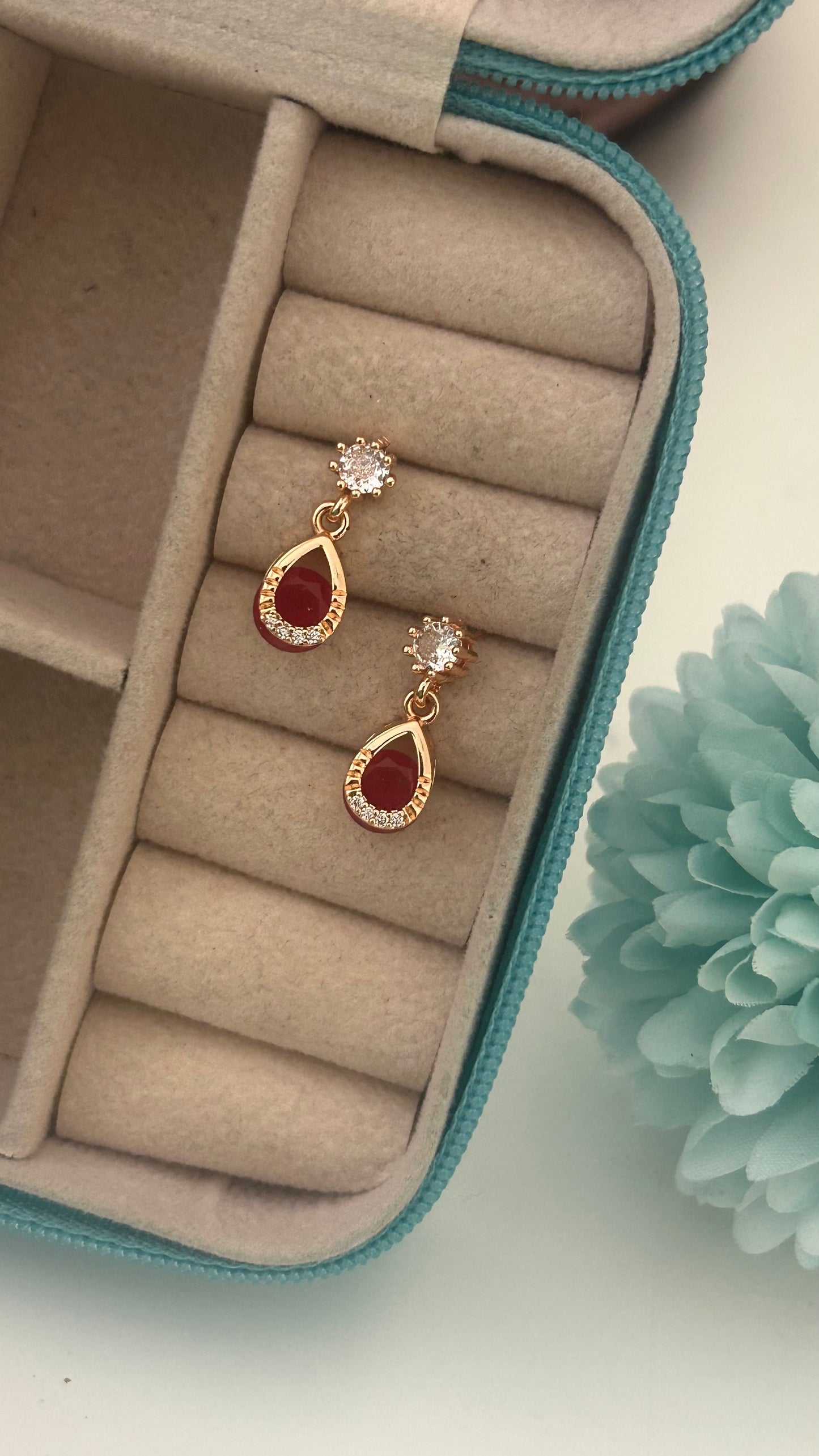 CZ single stone stud with red drop hangings
