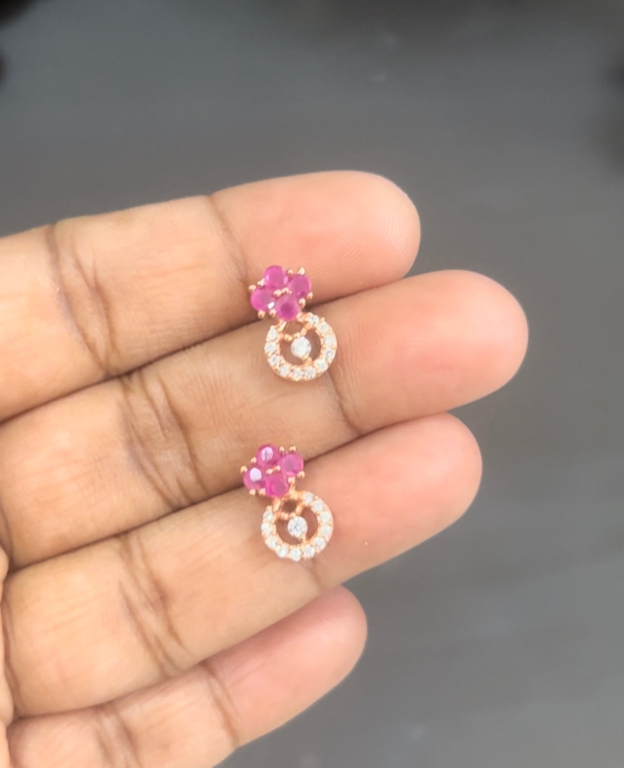 CZ pink color flower stud