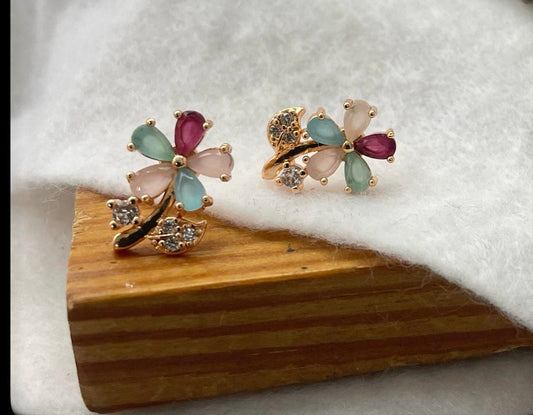 CZ Multi coloured flower stud with small leaf