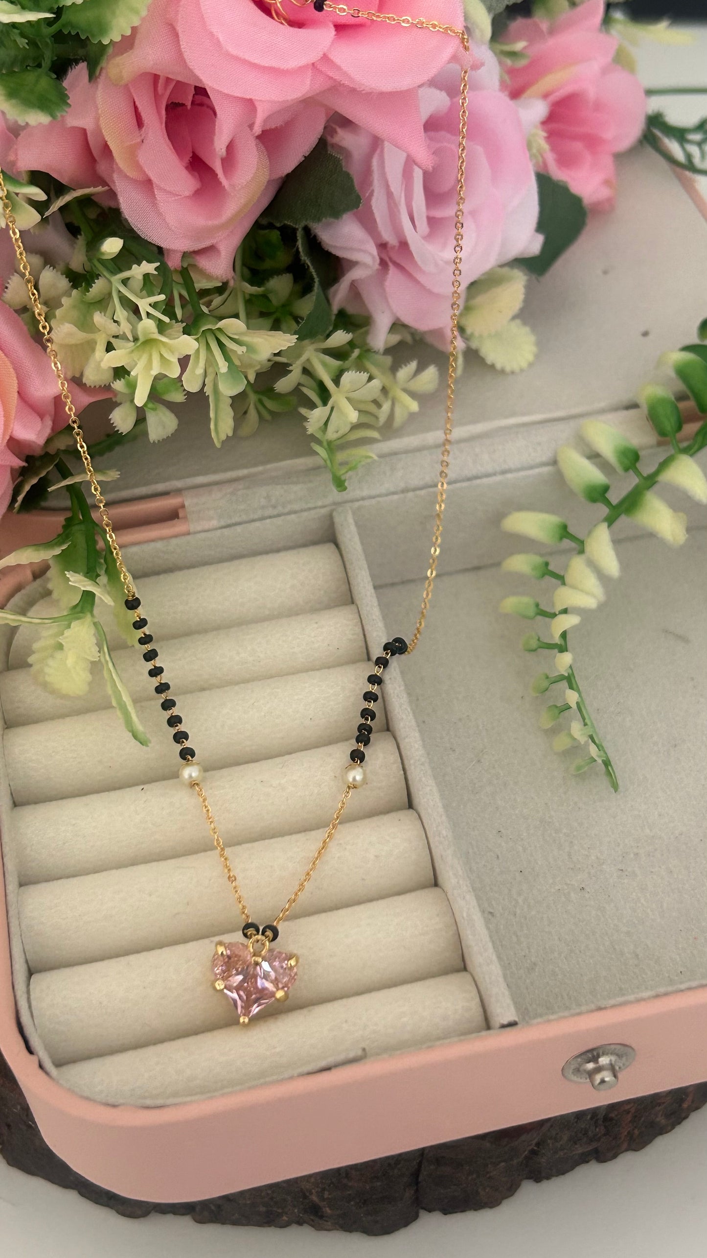 Stylish Black Beads Chain with Pink Heart Charm | Lightweight Mangalsutra