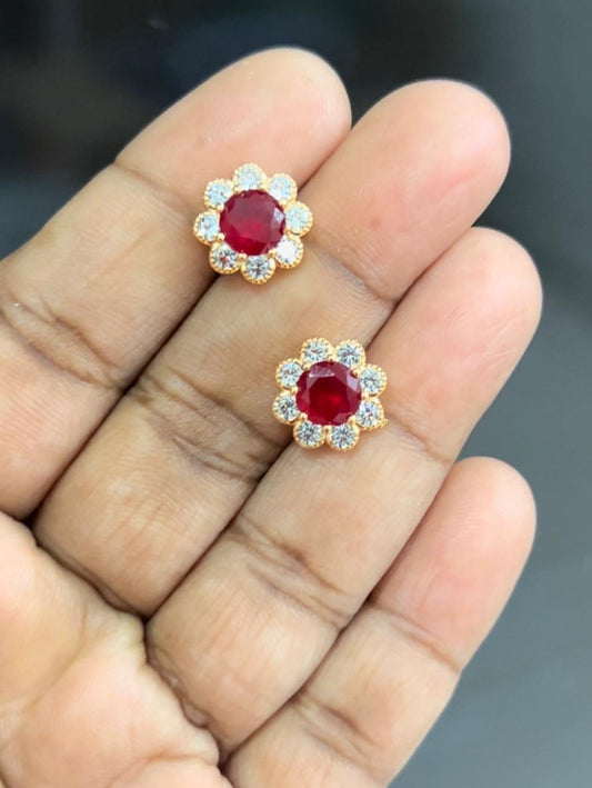 CZ RED STONE FLOWER STUD