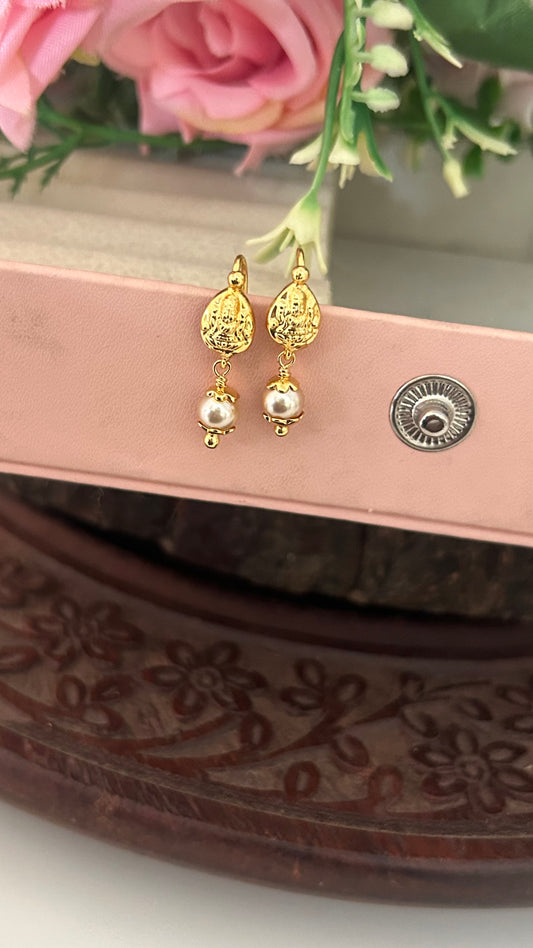 Temple Design Lakshmi Earrings with Pearl Drops – Back Hook Style Kids Jewelry