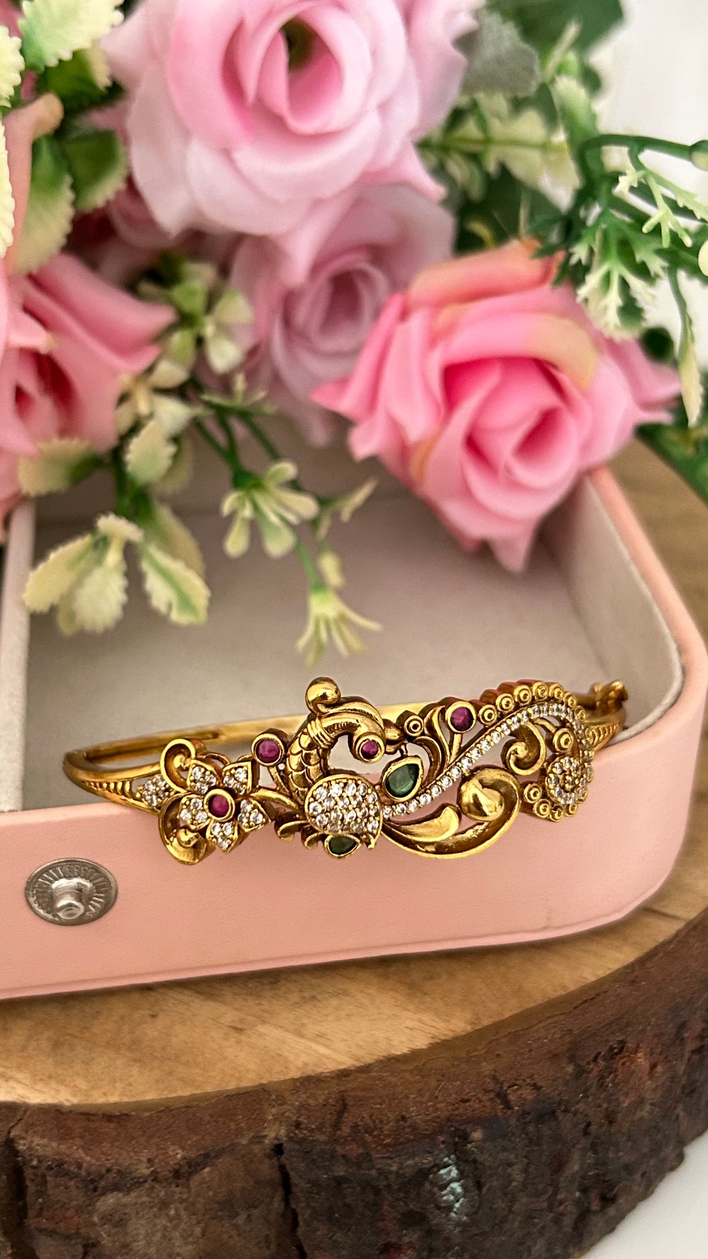 Royal Peacock Stone-Studded Gold Finish Kada Bangle