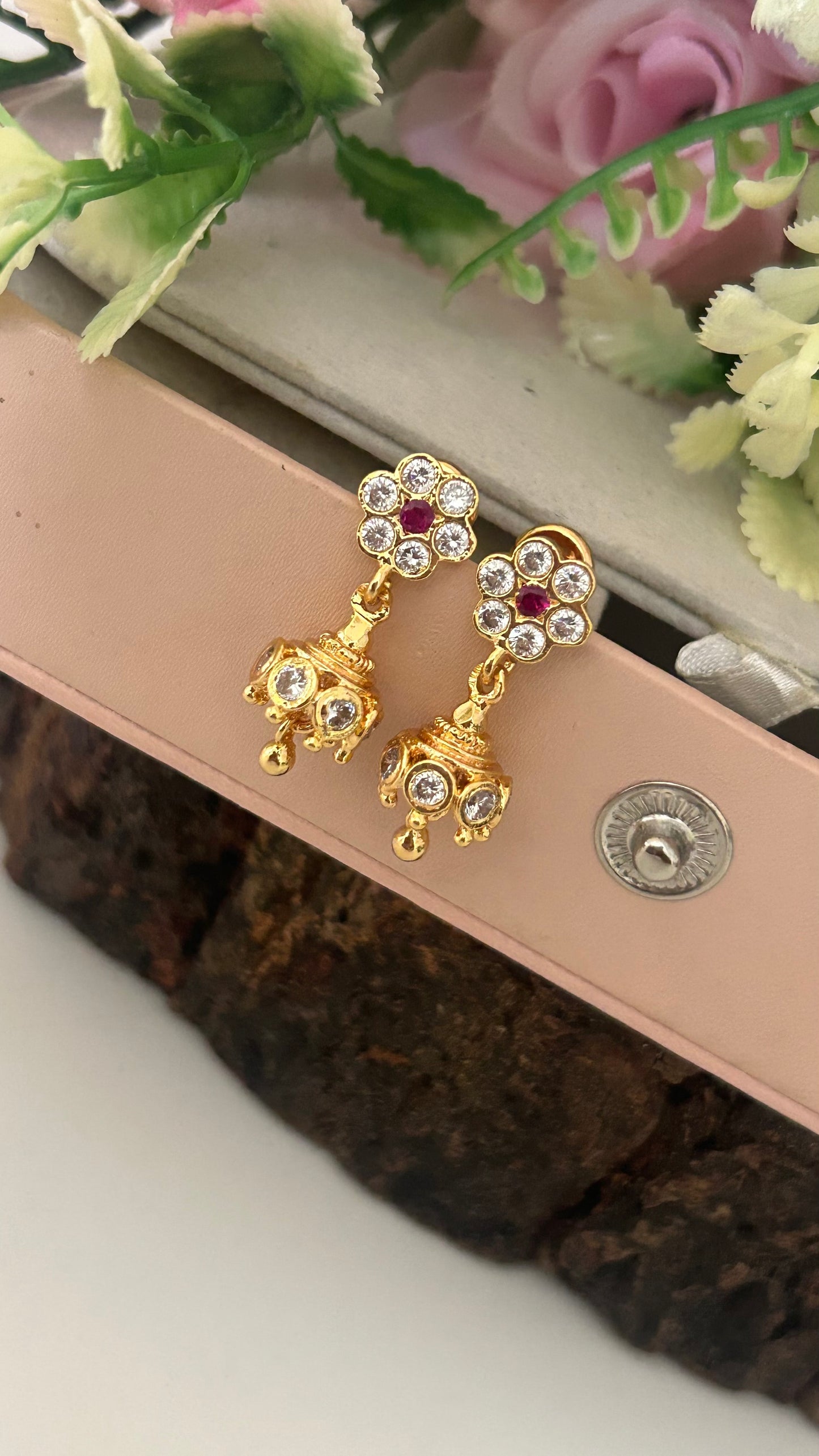 Floral Ruby Panchaloham Jhumkas