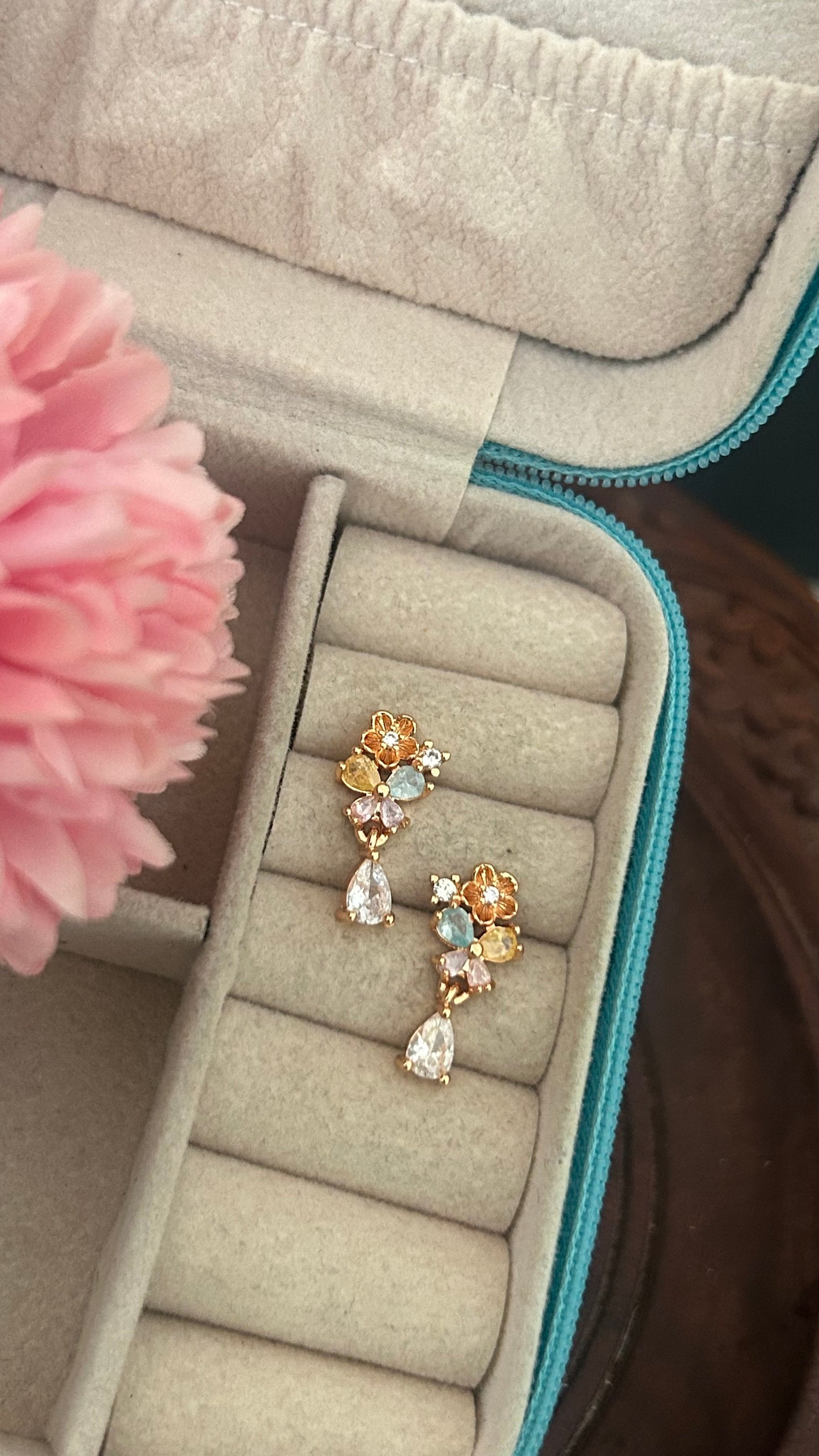 Cz multicoloured flower stud with stone hanging