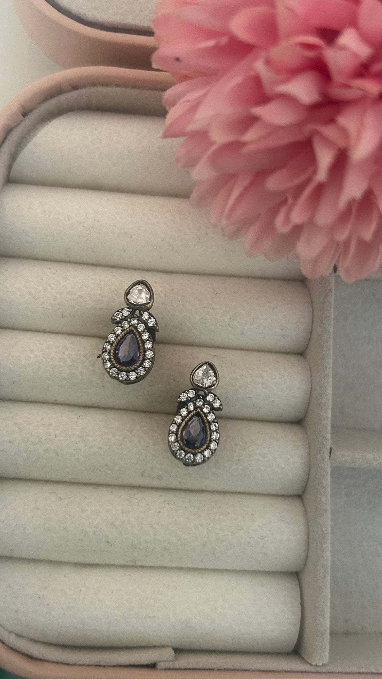 Vintage Purple Stone Stud Earrings | Victorian Design with Secure Screw Back