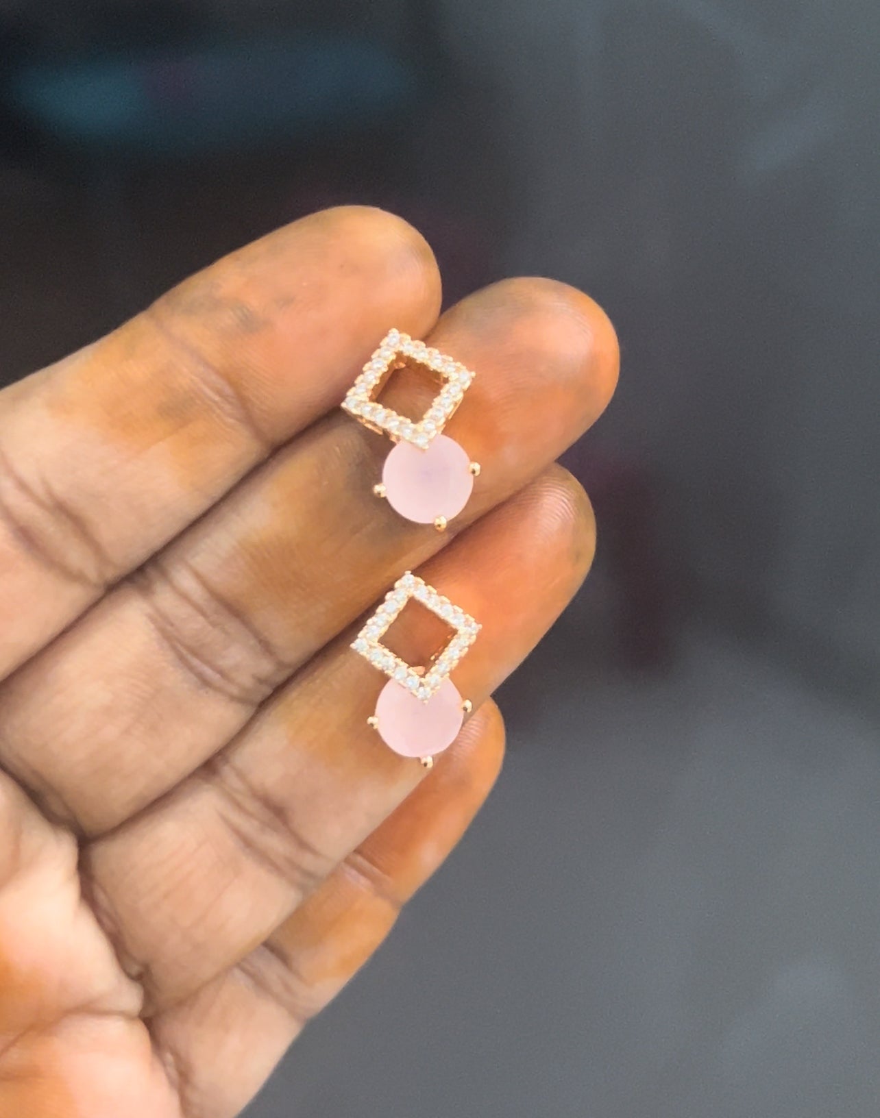 CZ diamond shape stud with peach stone