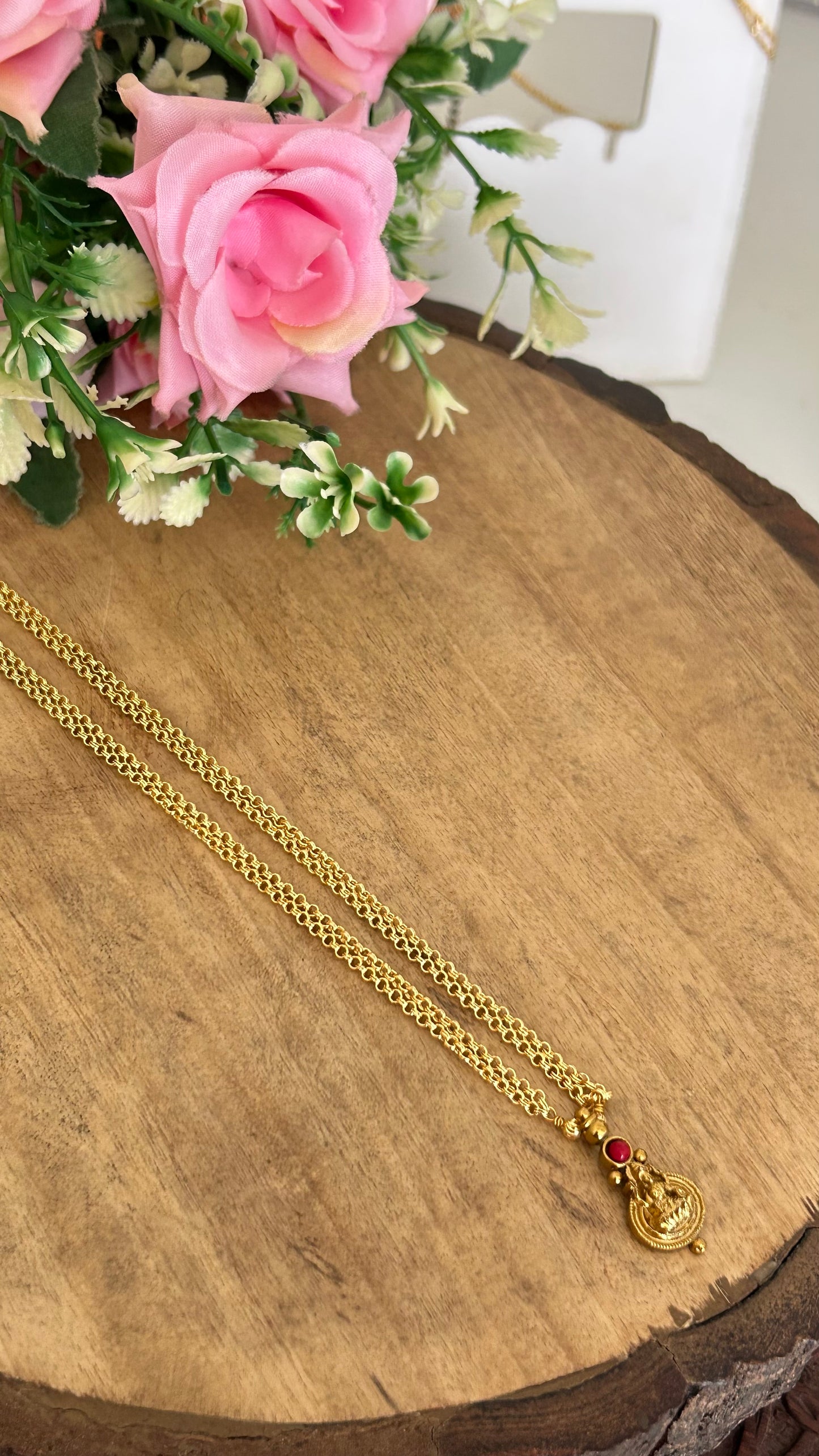 South Indian Temple Jewellery Chain with Red Stone Pendant – Celebrity Inspired