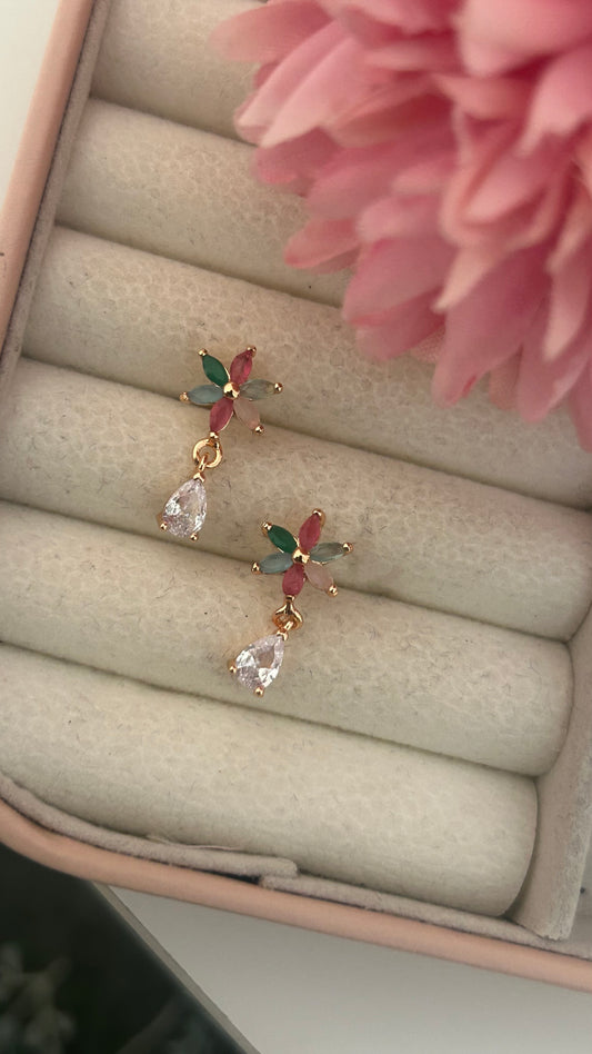Gold Plated Multicolor Floral Stud with Teardrop CZ Dangle – Cute & Trendy Party Earring