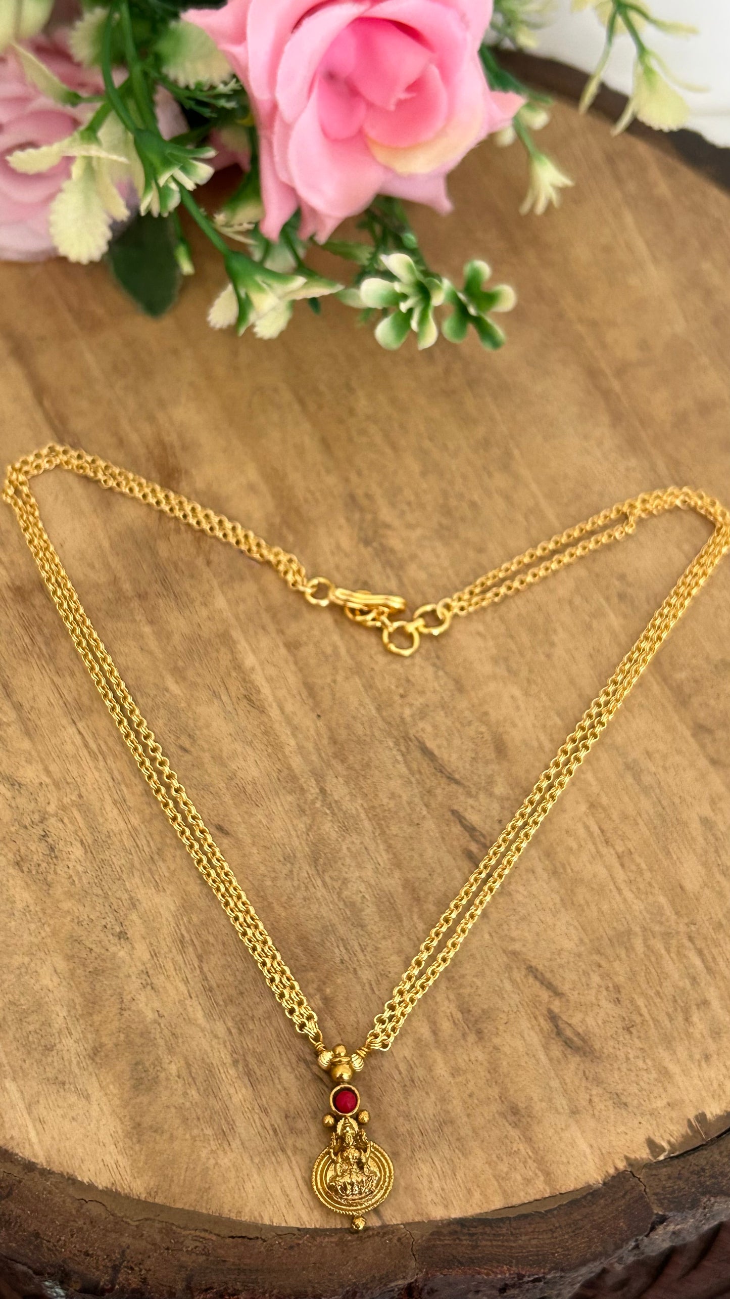 South Indian Temple Jewellery Chain with Red Stone Pendant – Celebrity Inspired