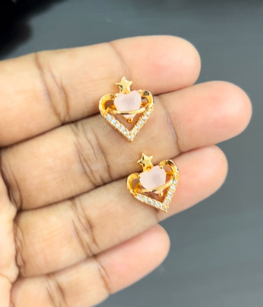 Heart shape Gold color plated Pink stone stud earrings