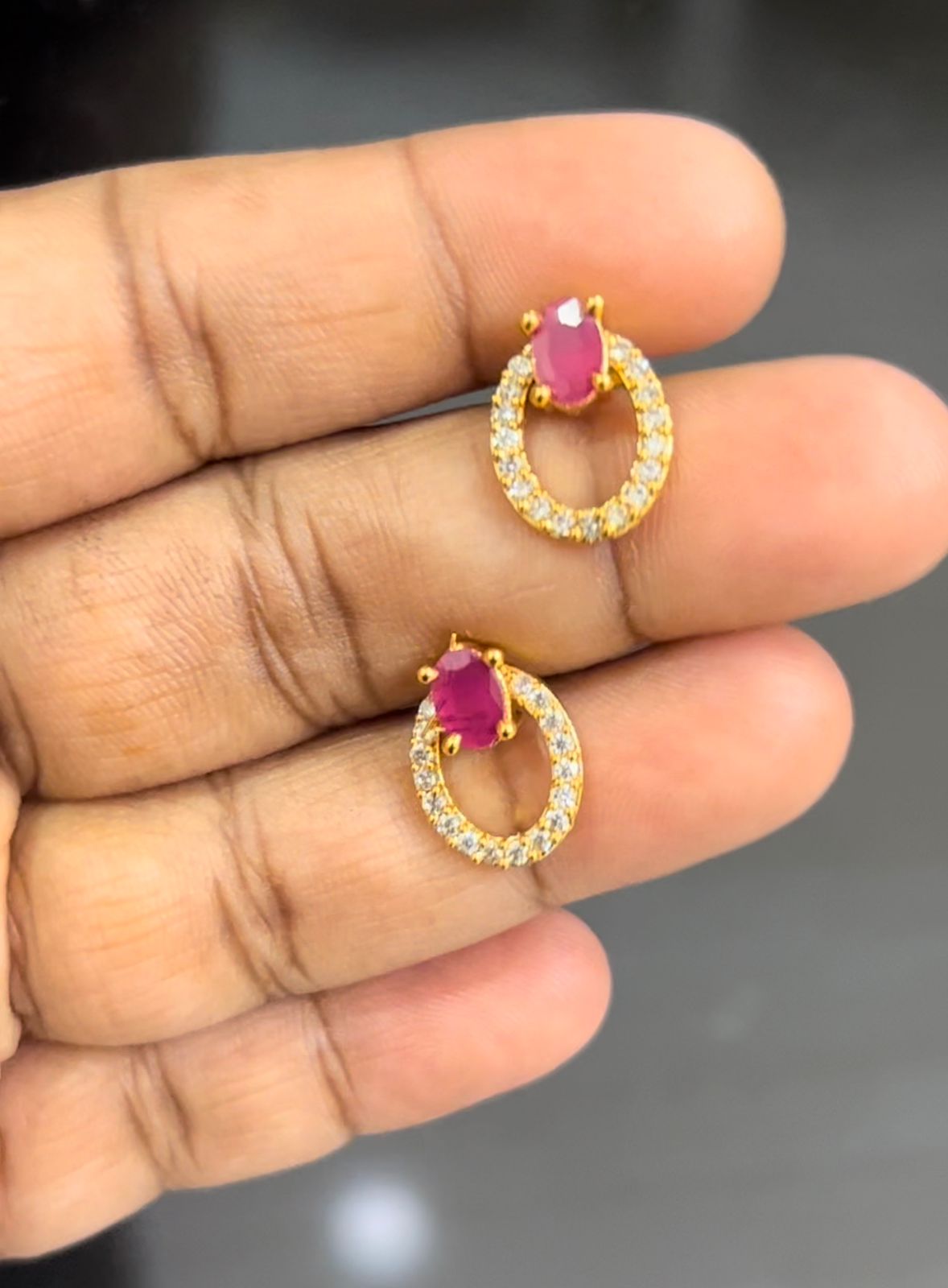 Pink and white stone round shape stud earrings 1