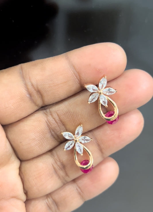 CZ red and white stone flower stud