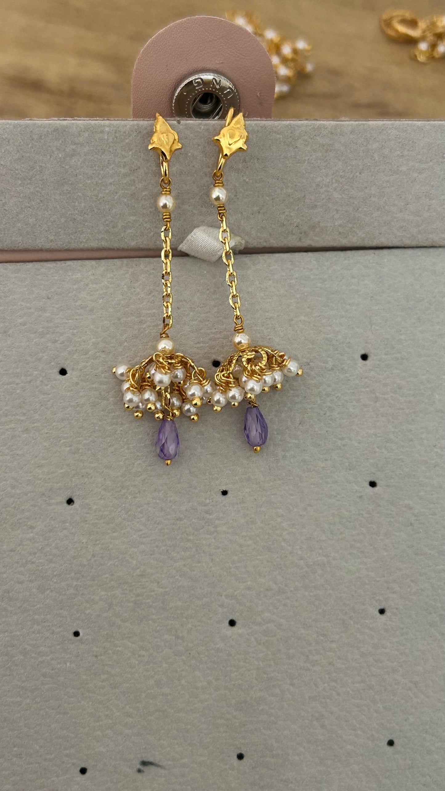 Elegant Handmade Pearl Jhumka Hanging Chain with Crystal Cz Drop – Earring Strings Without Hook