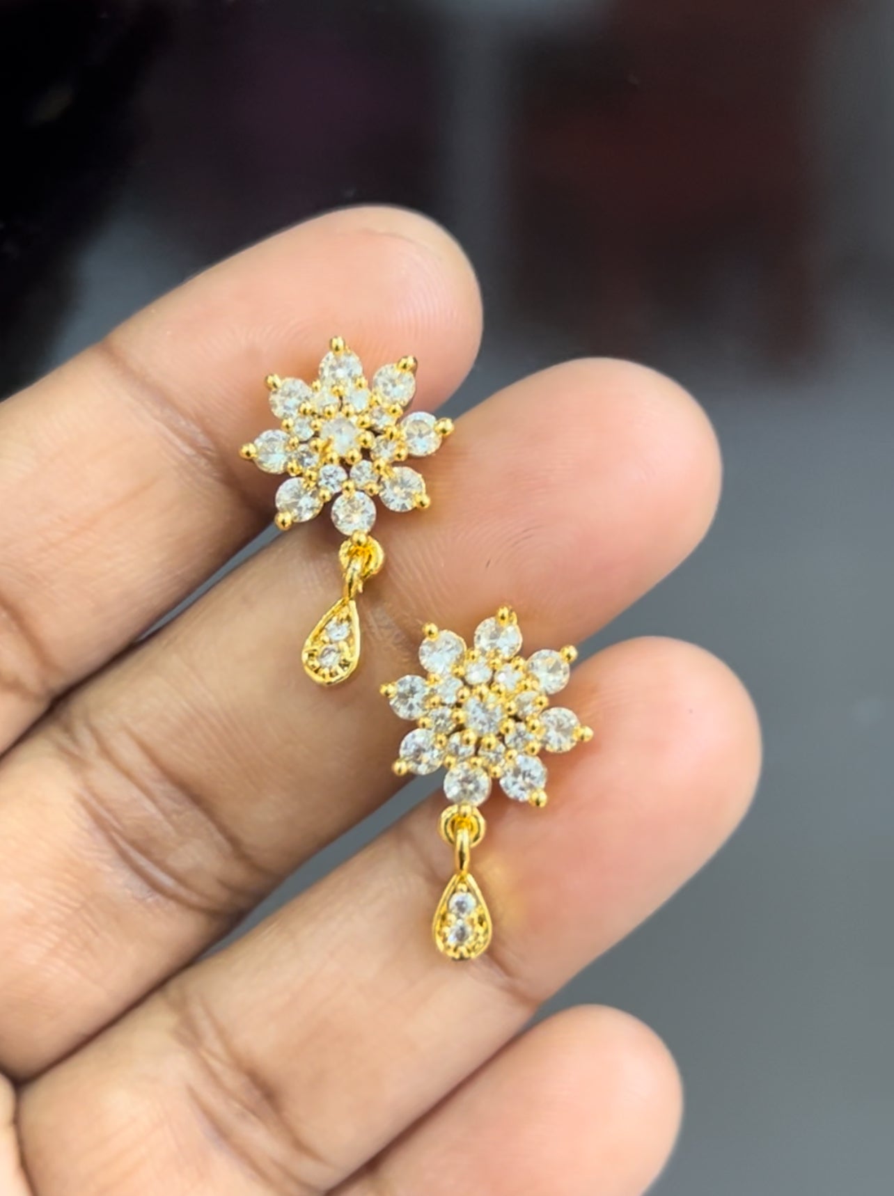 CZ Flower shape studs with small drop-White