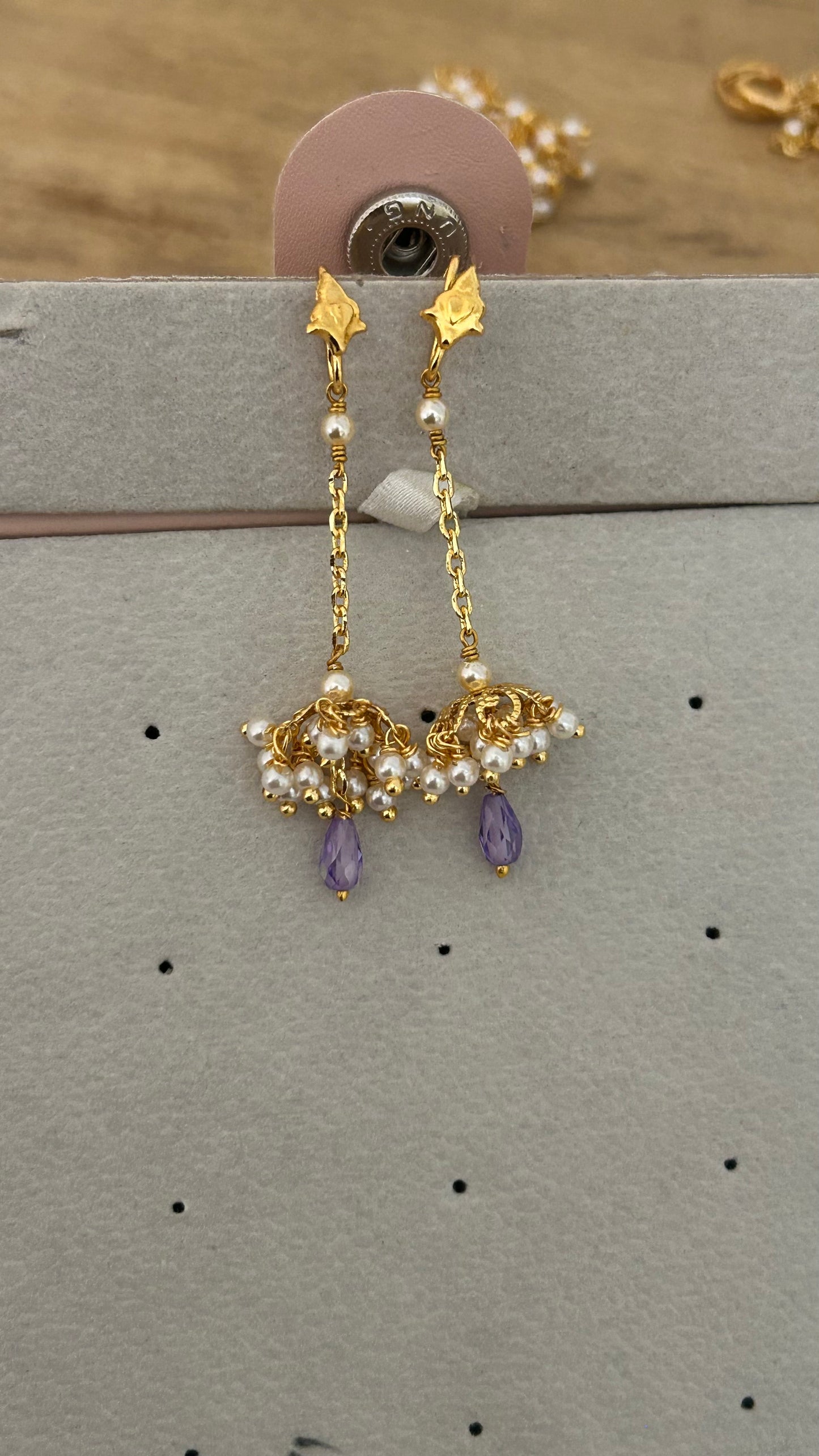 Elegant Handmade Pearl Jhumka Hanging Chain with Crystal Cz Drop – Earring Strings Without Hook