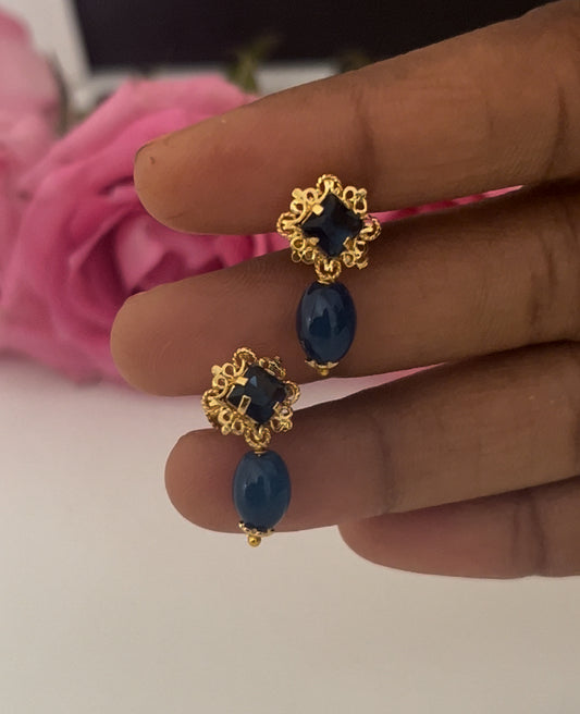 Navy blue color screwback stud with pearl hanging