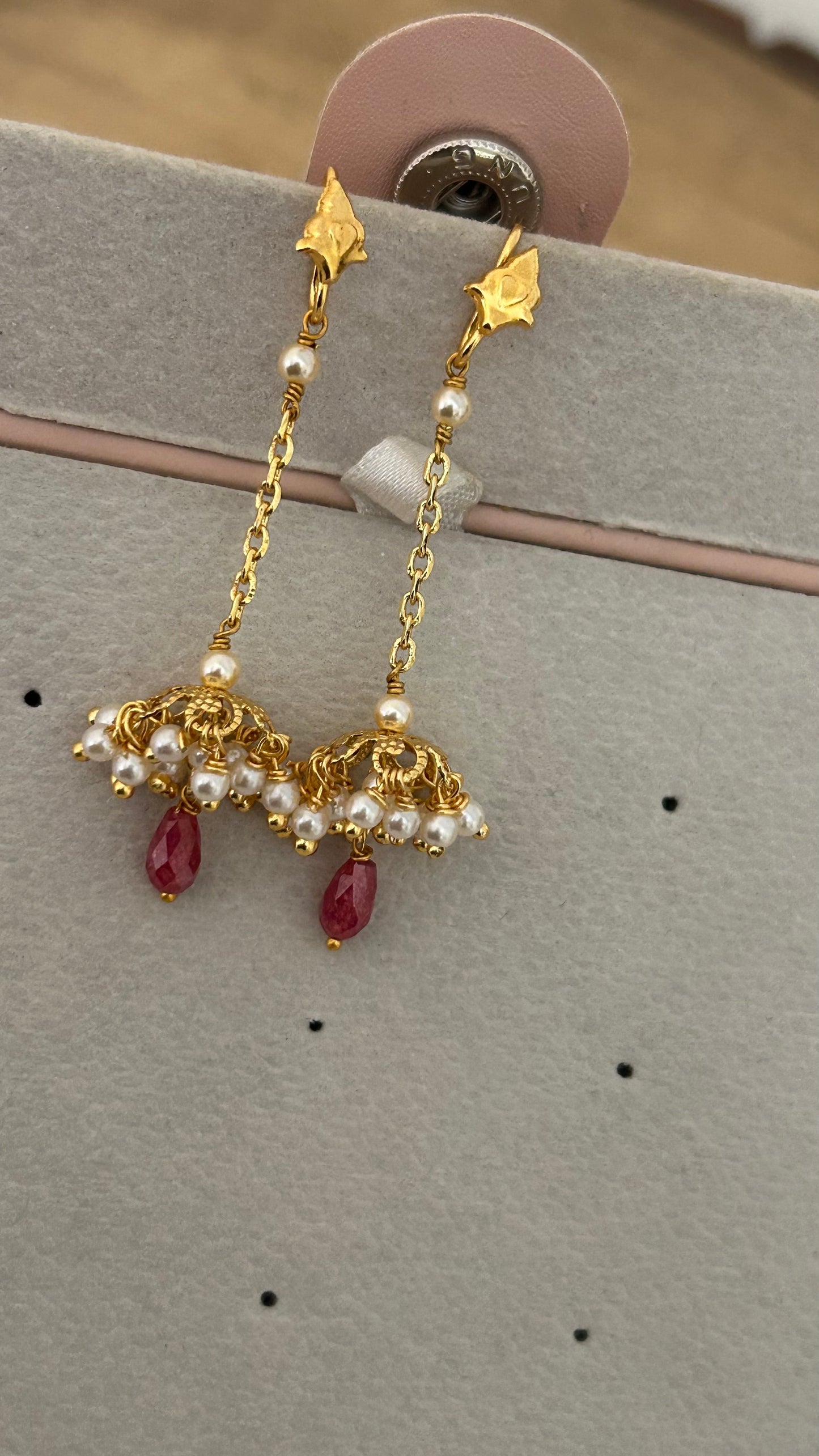 Elegant Handmade Pearl Jhumka Hanging Chain with Crystal Cz Drop – Earring Strings Without Hook