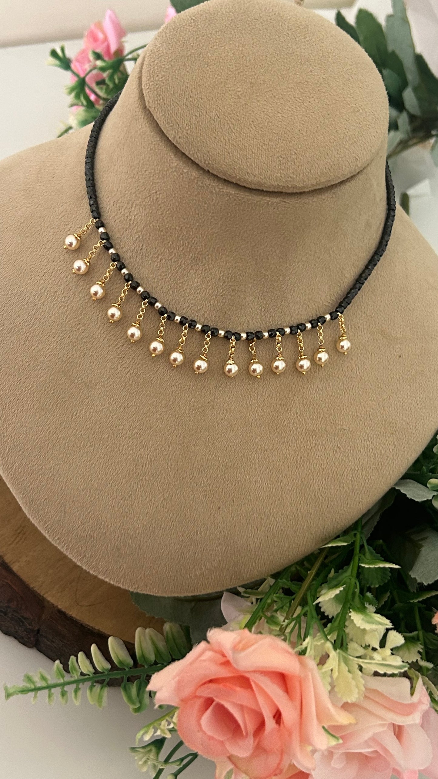 Premium Black Diamond Mangalsutra Necklace with Swarovski Pearls | 15-Inch Adjustable Neck Hug Design