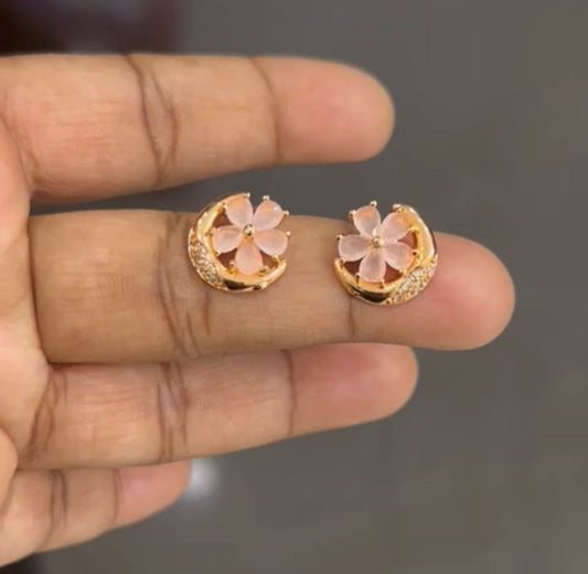 CZ Earrings with Half moon shape and pink stones