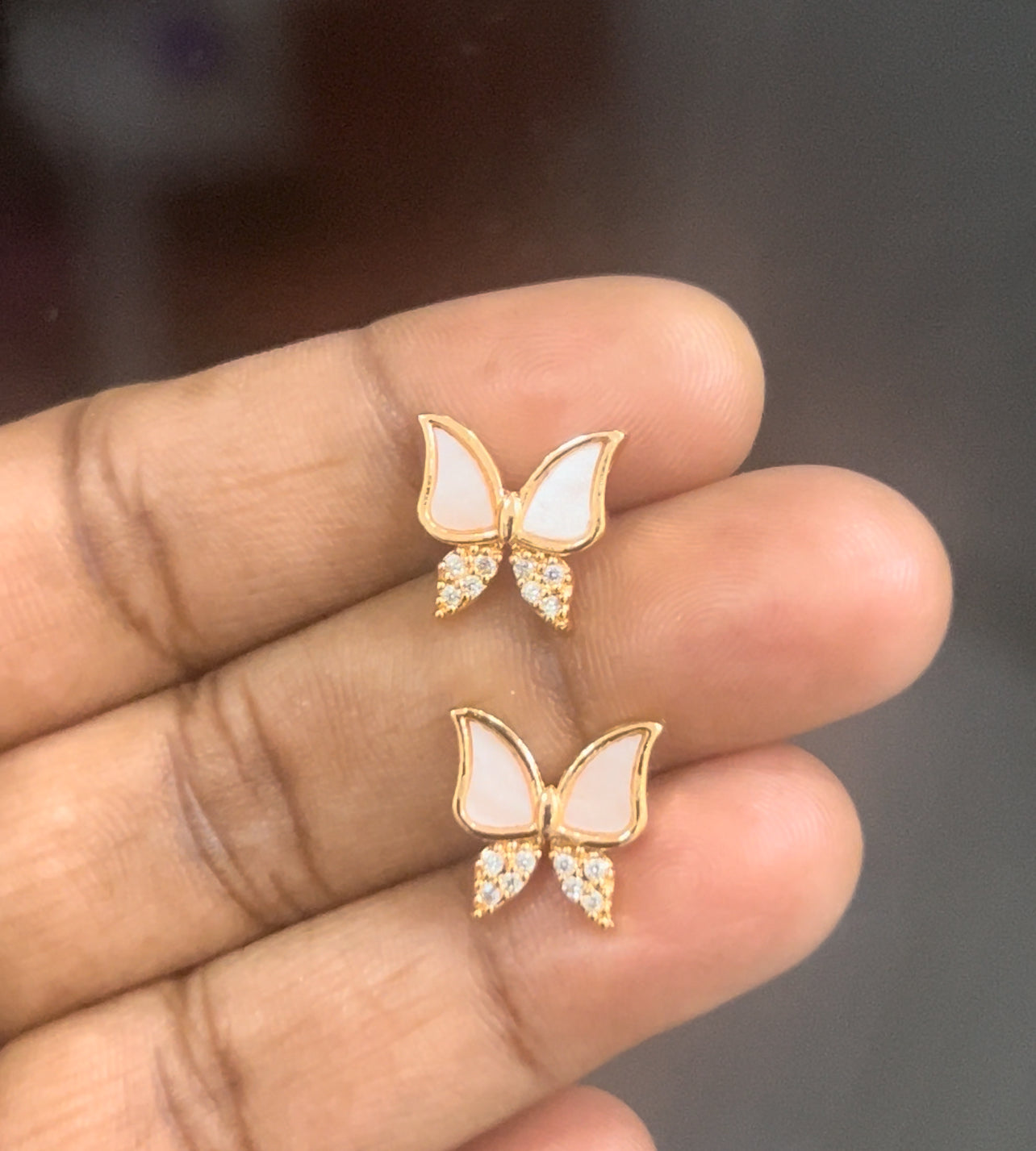 CZ white n peach stone butterfly stud