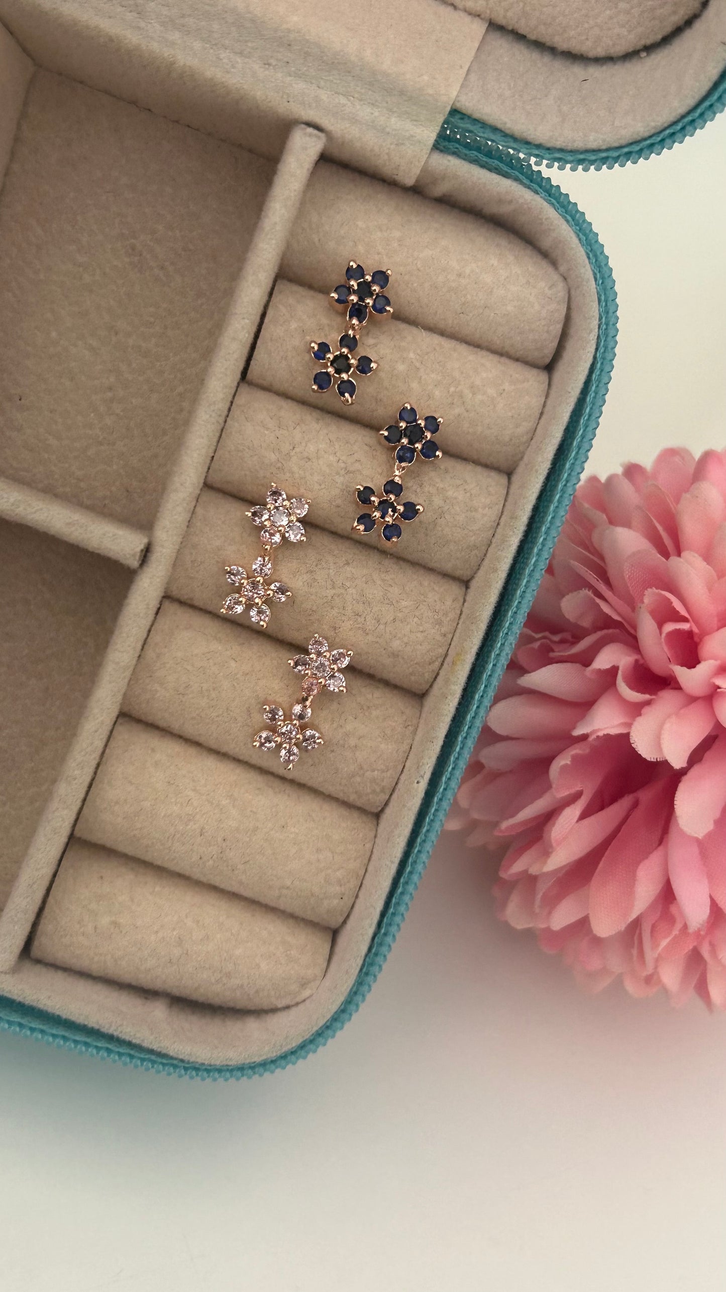 CZ flower stud with flowe hanging