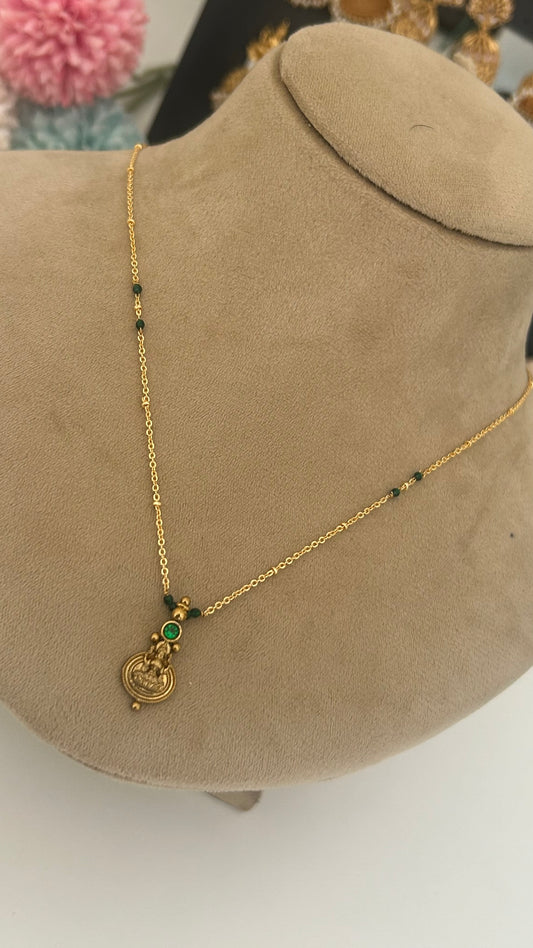 Green bead chain with lakshmi kasu pendent in 18 inches