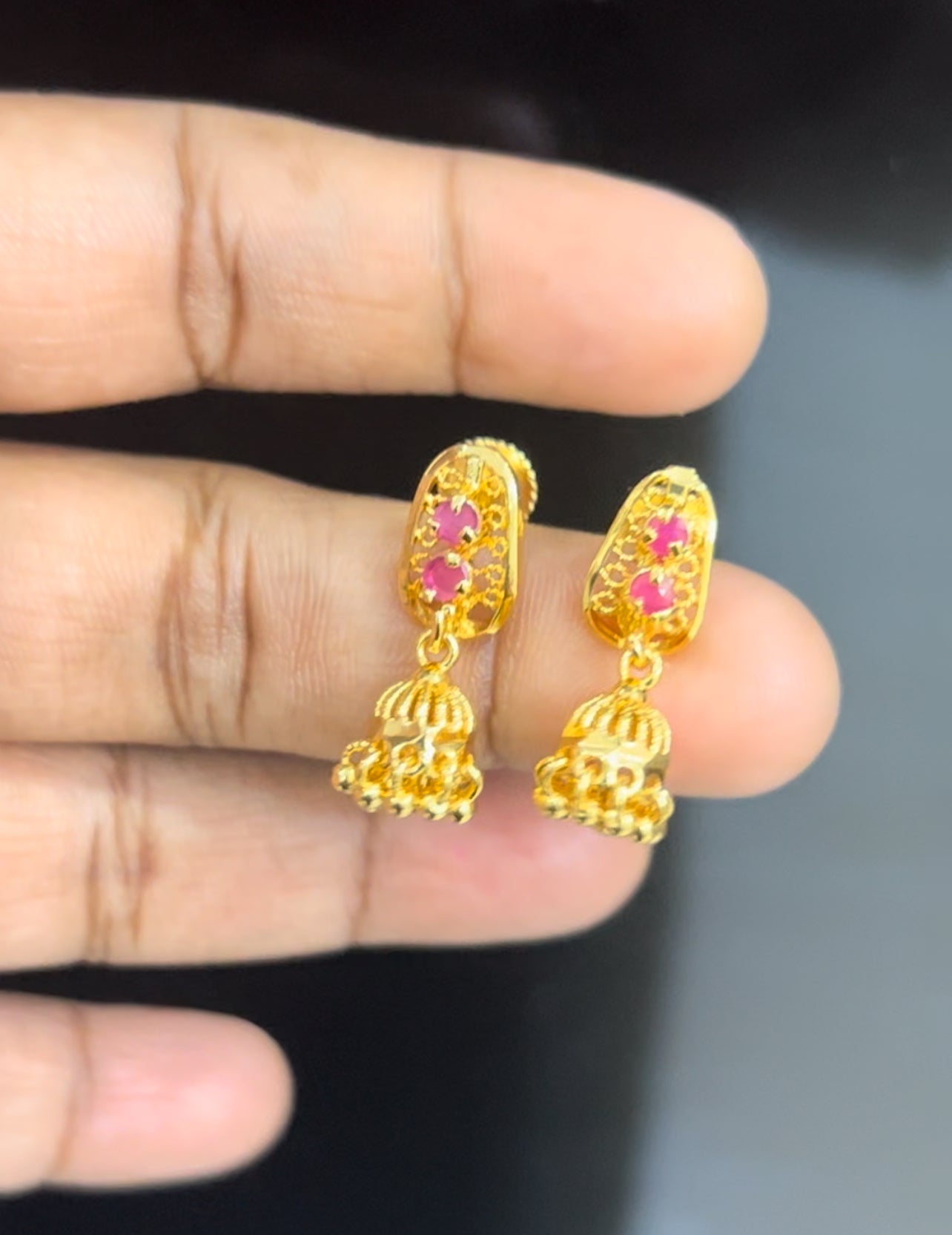 Red stone small Jumka screw back earrings