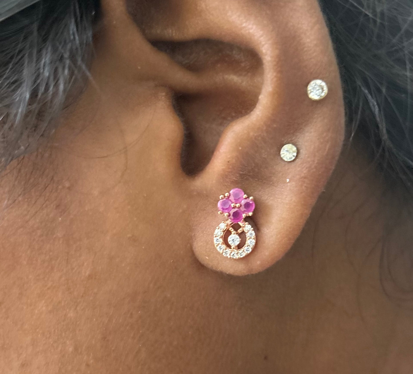 CZ pink color flower stud