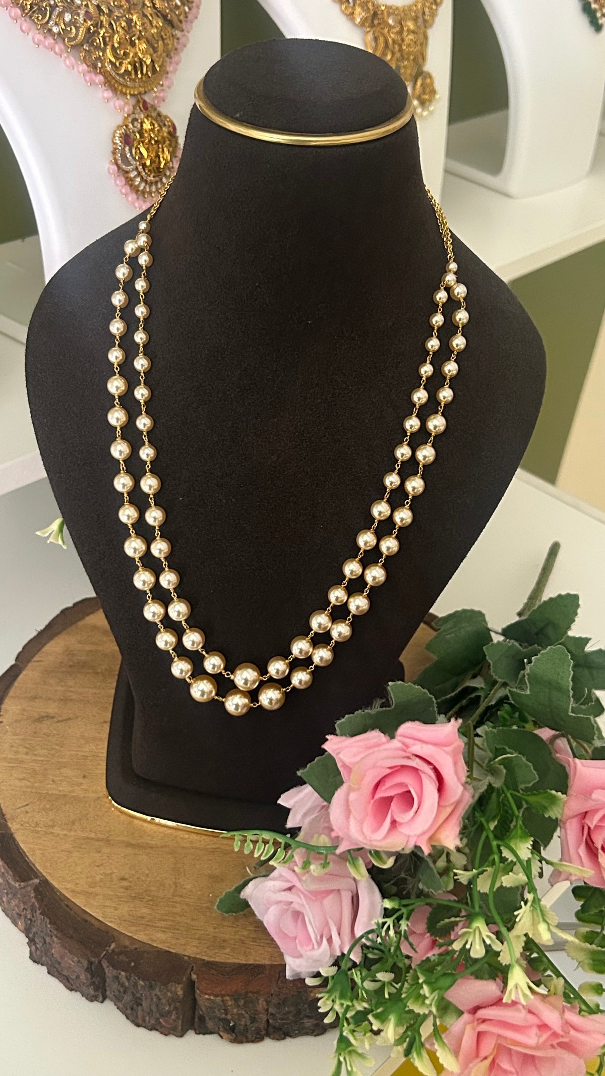 Handmade Double Layer Golden swaroski Pearl Mala | Elegant Layered Bead Strand