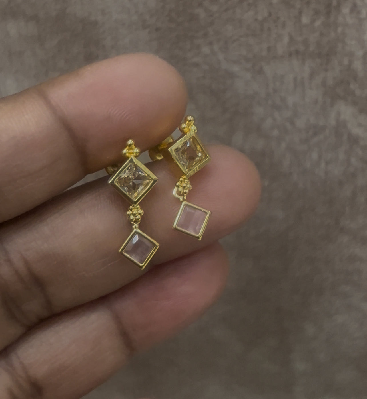 Square & Pink Oval Drop Screwback Earrings – Gold Plated