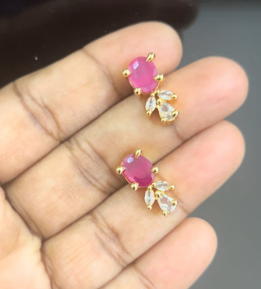 Red stone with 3 petal leaf stud