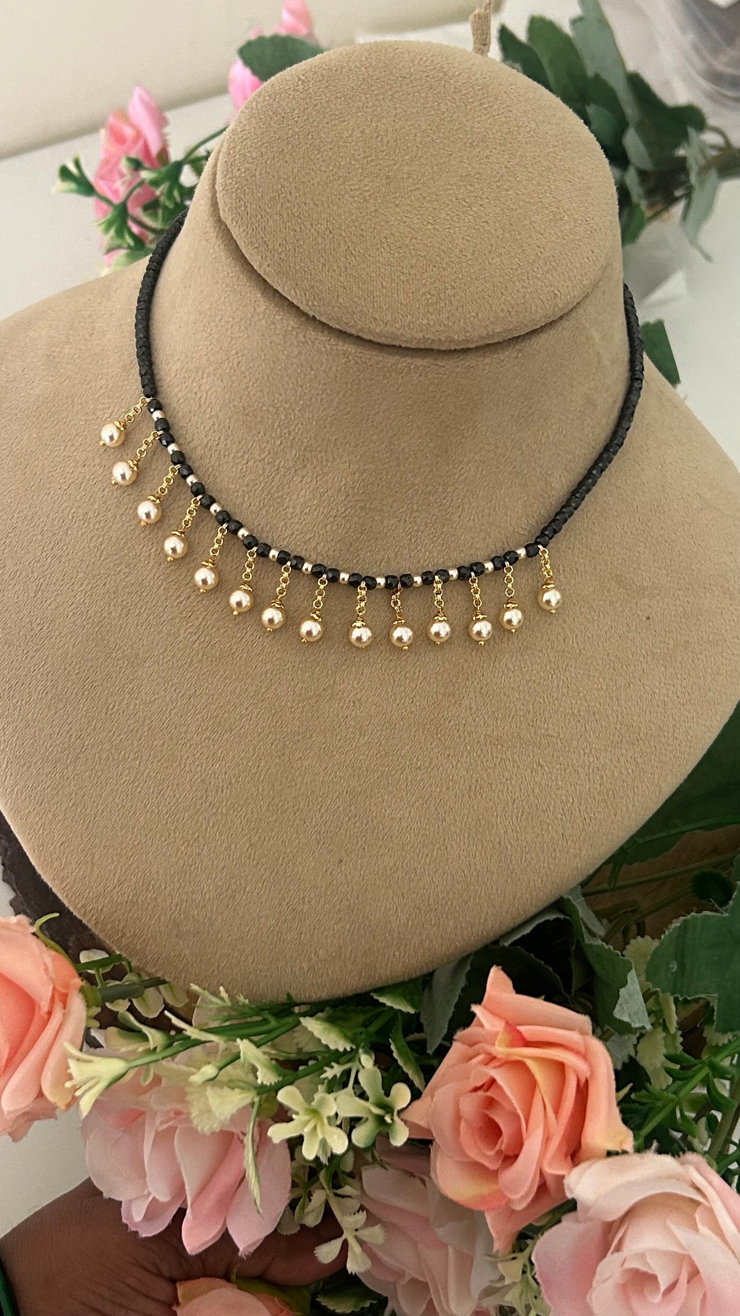 Premium Black Diamond Mangalsutra Necklace with Swarovski Pearls | 15-Inch Adjustable Neck Hug Design