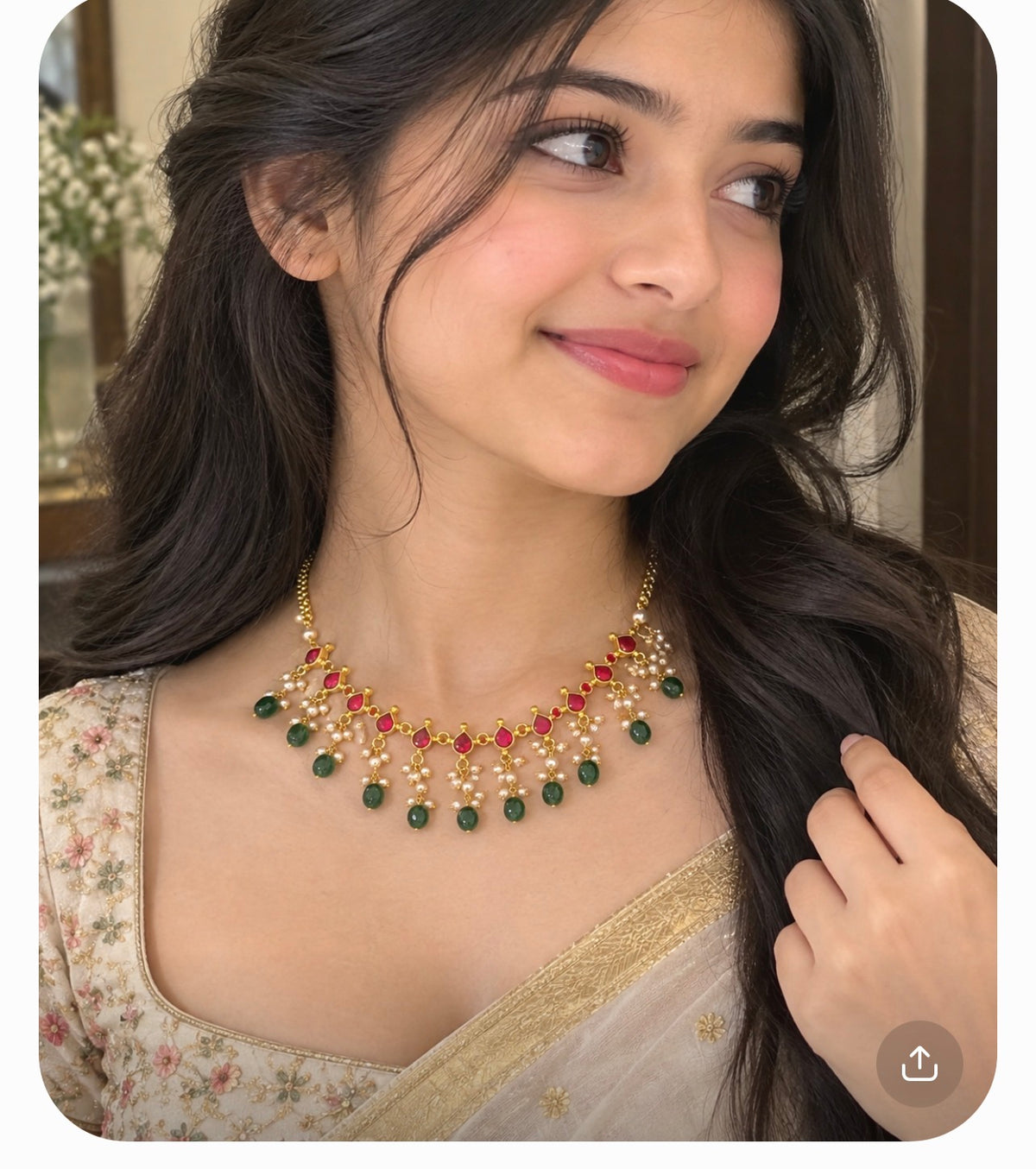 Kundan Drop Necklace with Green Strawberry Beads & Ruby Red Stones – Elegant Traditional Jewellery