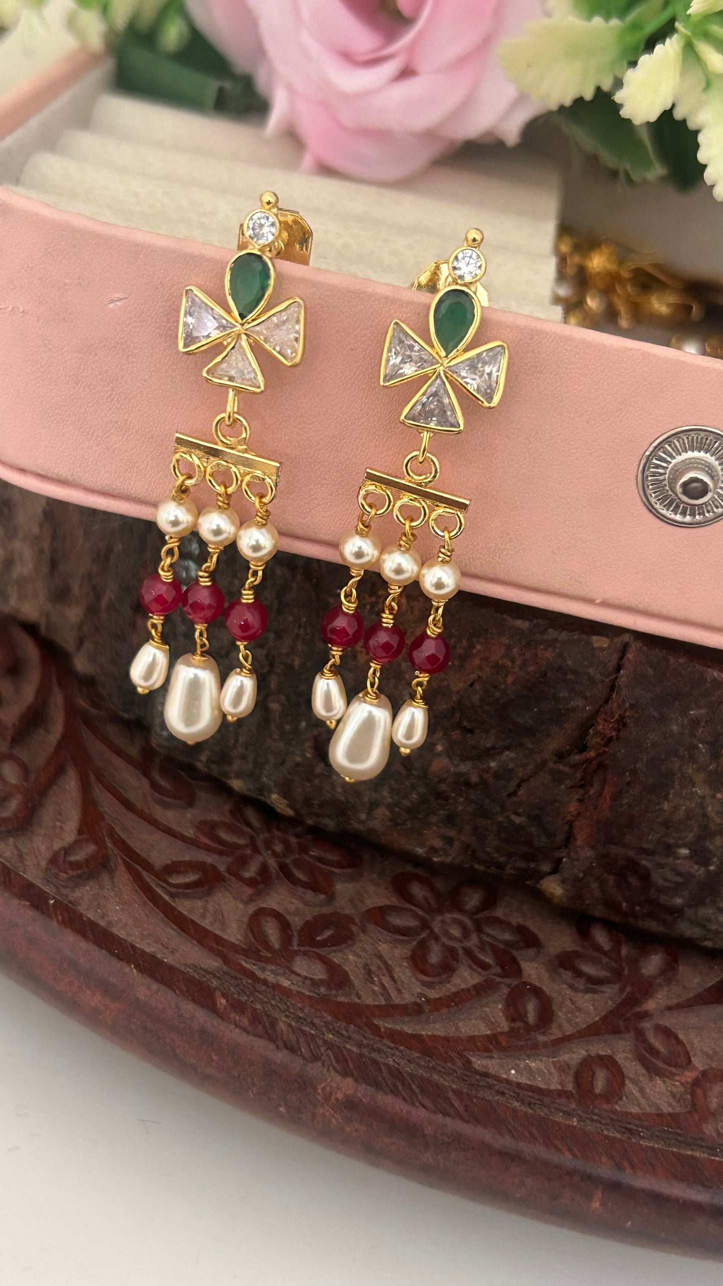 Elegant Handmade Hanging Earrings with Polki Design & Pearl Drops