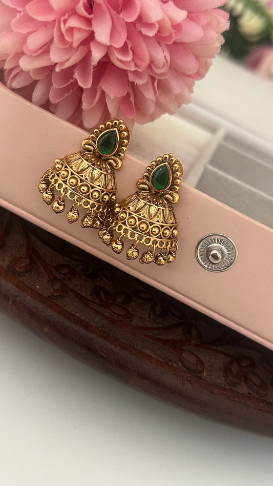 Traditional Semi Butta Jhumkas with Pear Drop Design