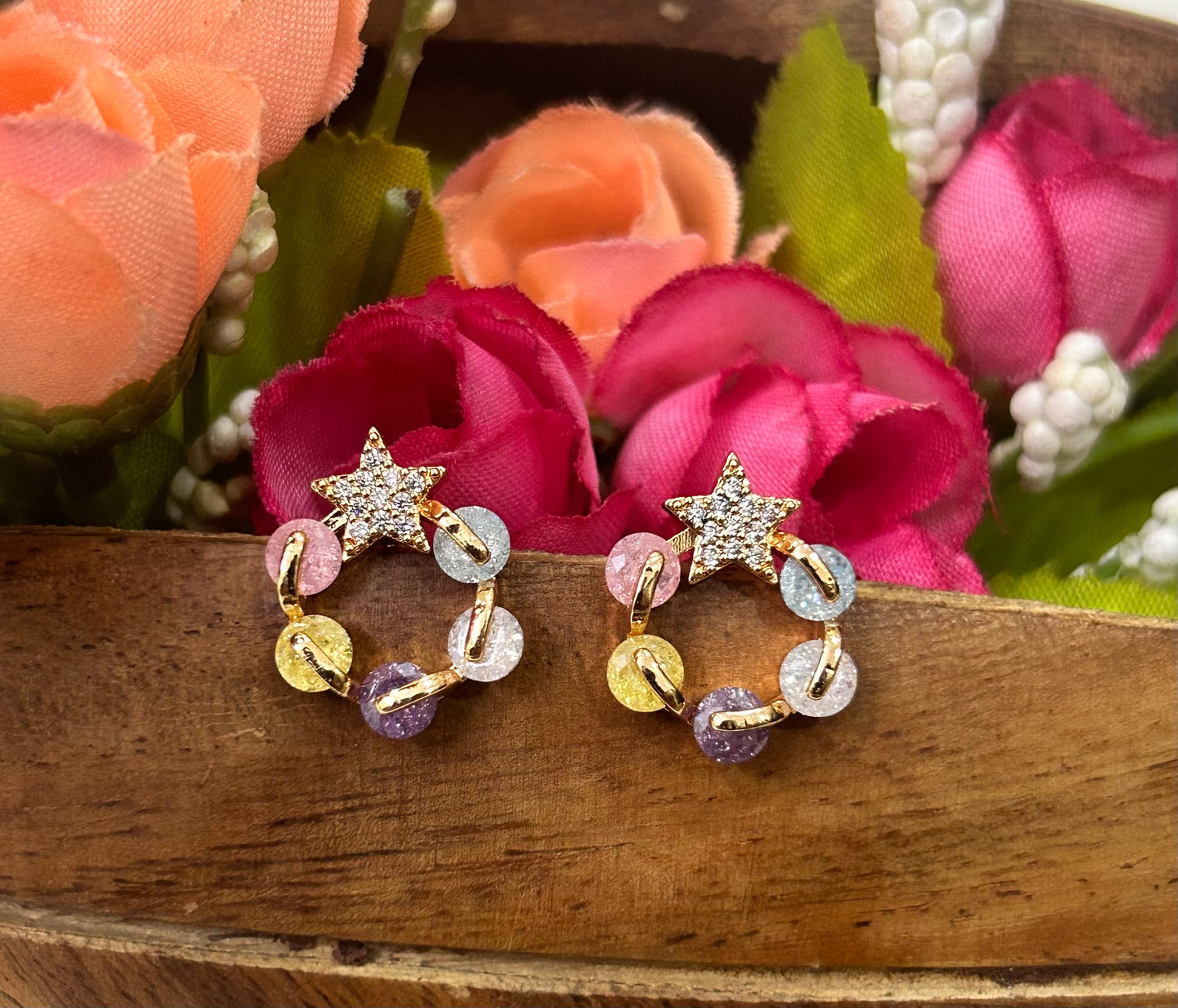 CZ Multi color round shape stud with star symbol