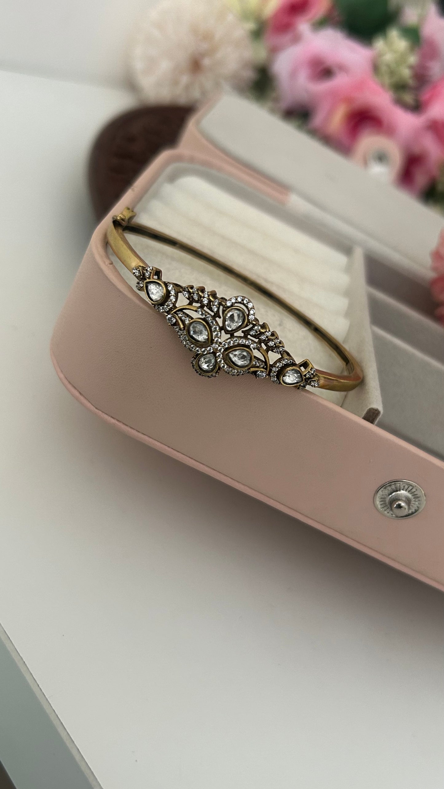 Antique Gold Finish Bangle with CZ Stones – Bridal Kundan Style Kada ll openable (up to 26 )