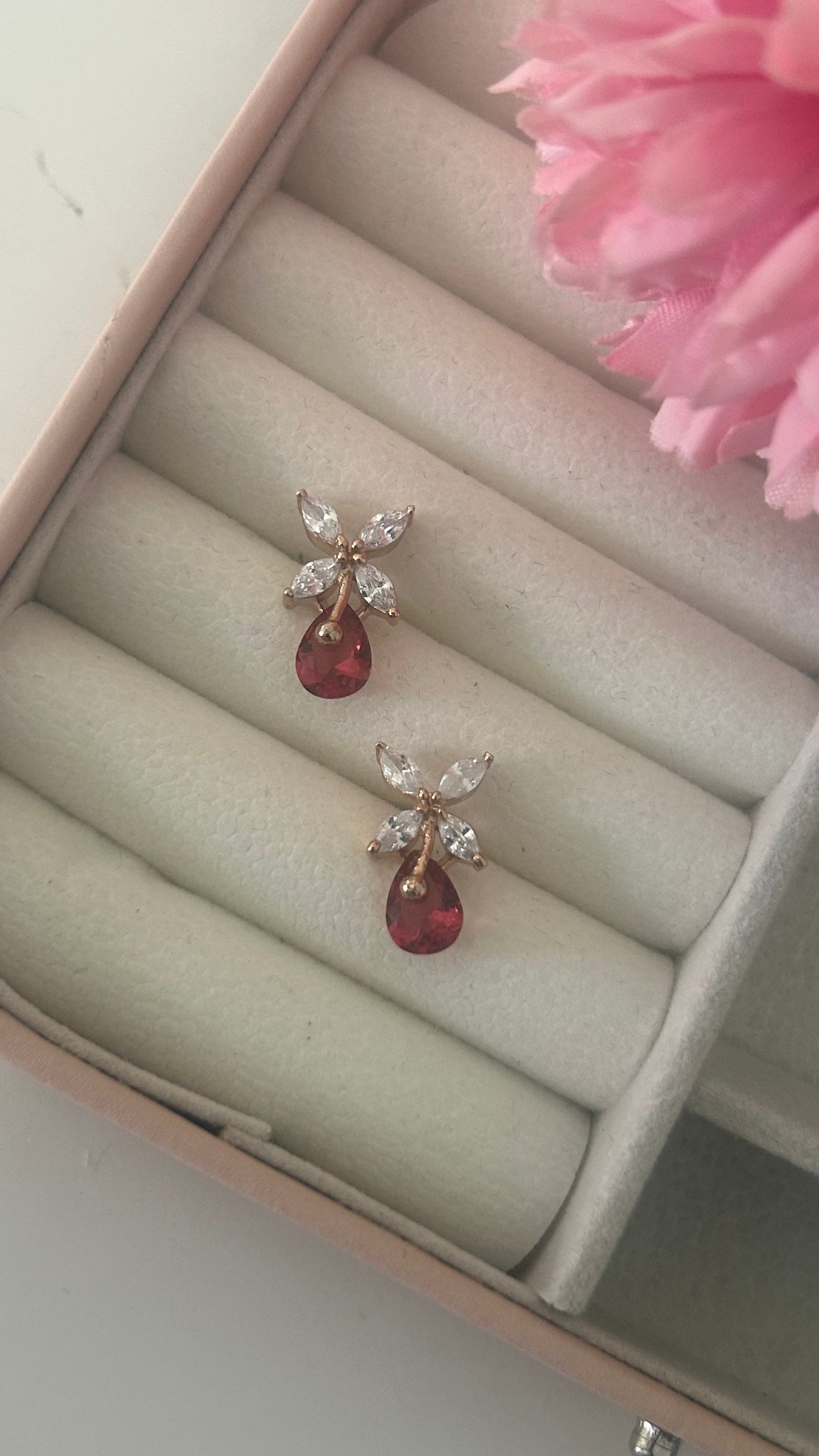 CZ butterfly stud with red drop